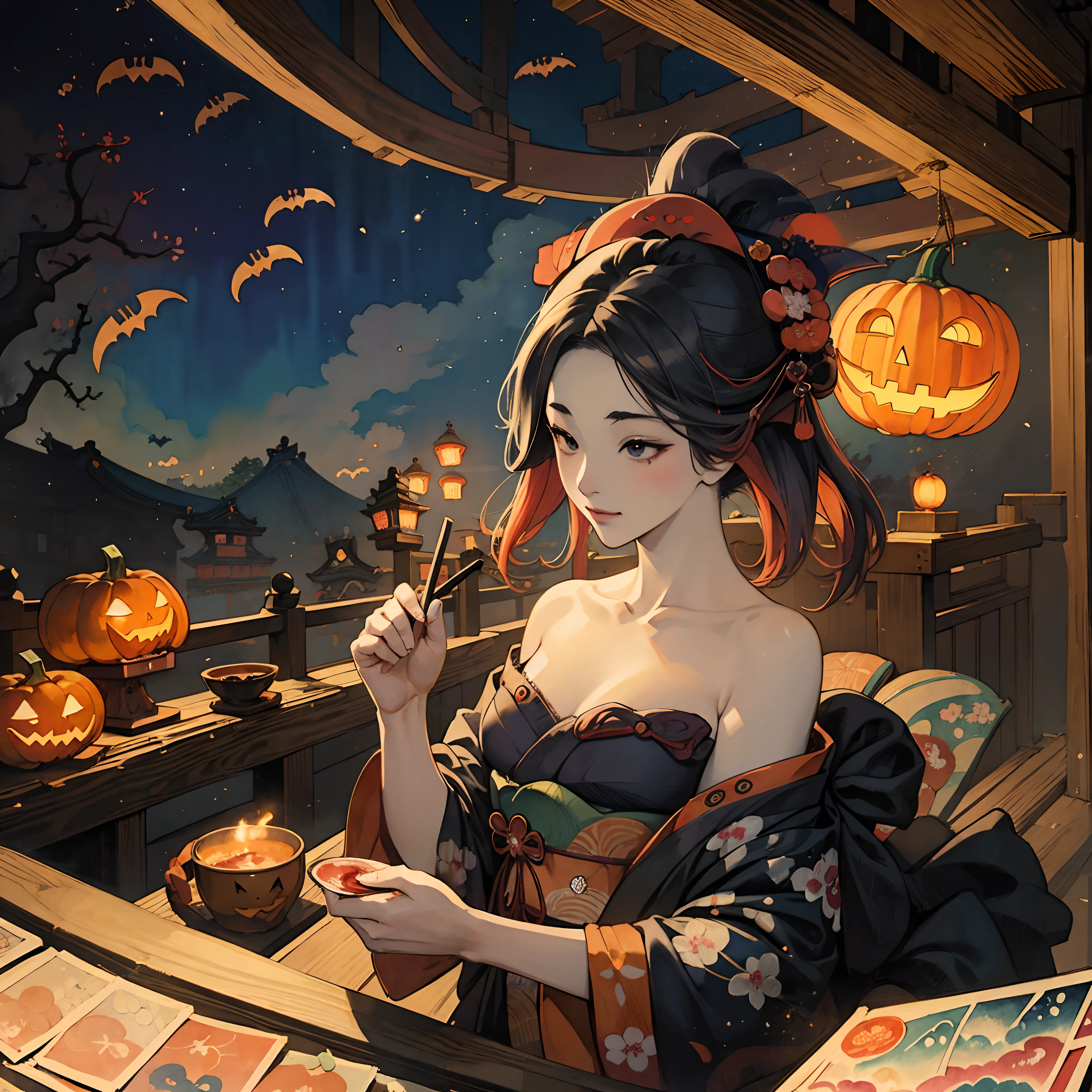 masterpiece, award winning, high quality, (Ukiyo-e style:1.4), (illustration:1.3), (watercolor paint), old castle, (halloween pumpkin), bats, in Europe