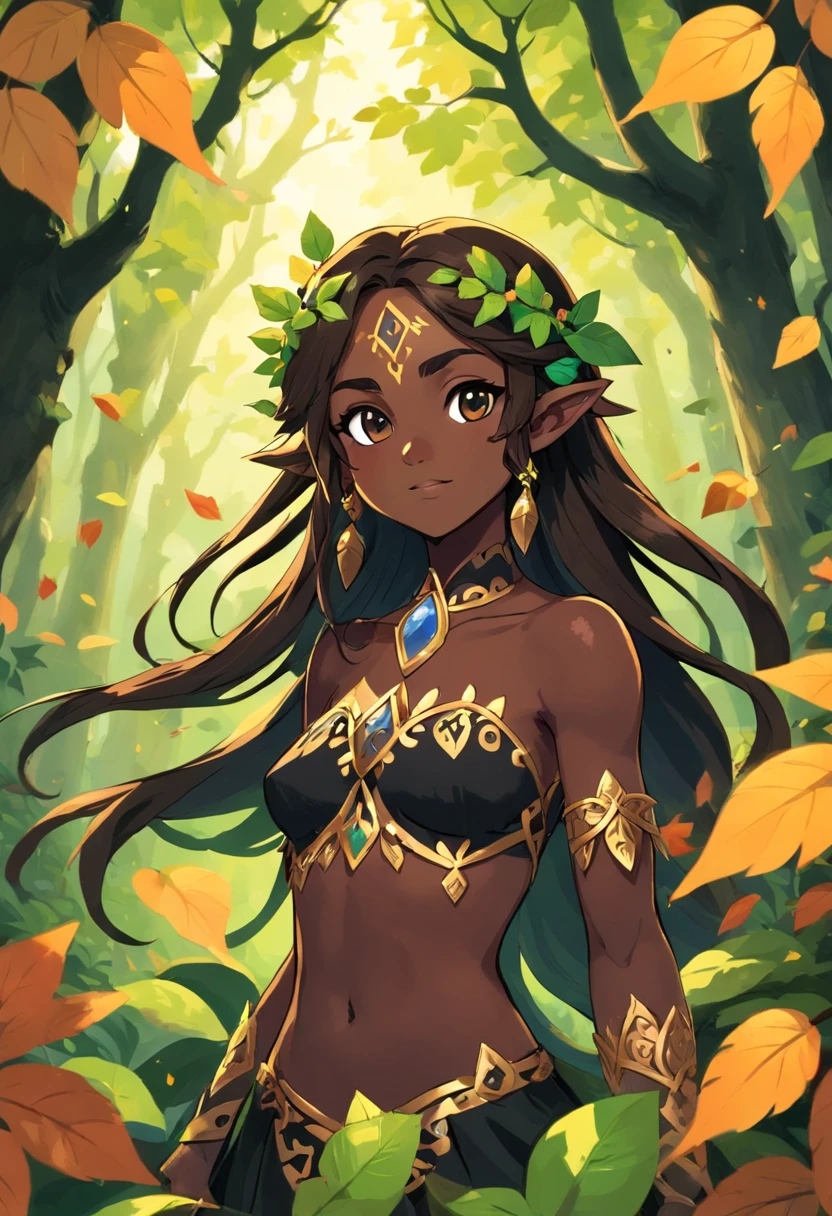 Dryad, ebony black skin, covered in dark brown leaves and bark, dripping sacred antidote from leaves, masterpiece, best quality