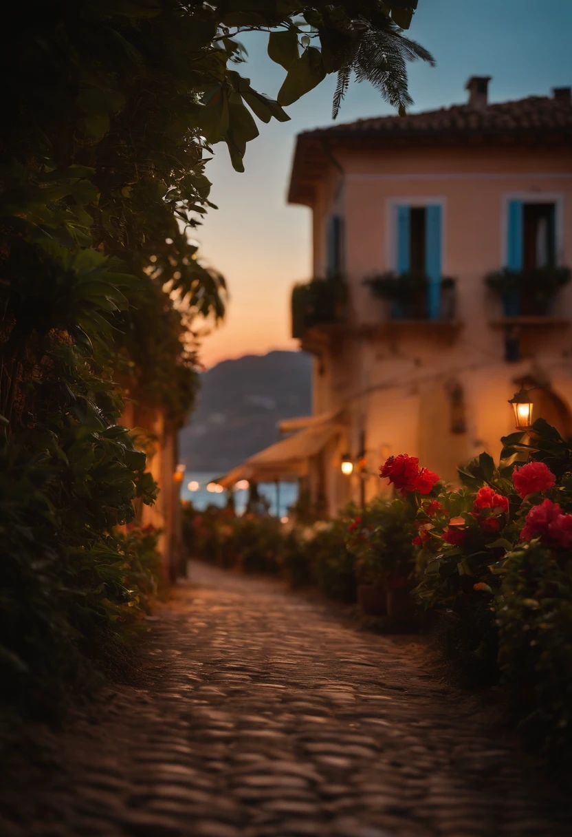 Tropical forest with a small Italian town center at sunset with warm lights and a tropical blue beach in the distance, cobble road, small  Italian restaurants, vibrance, flowers