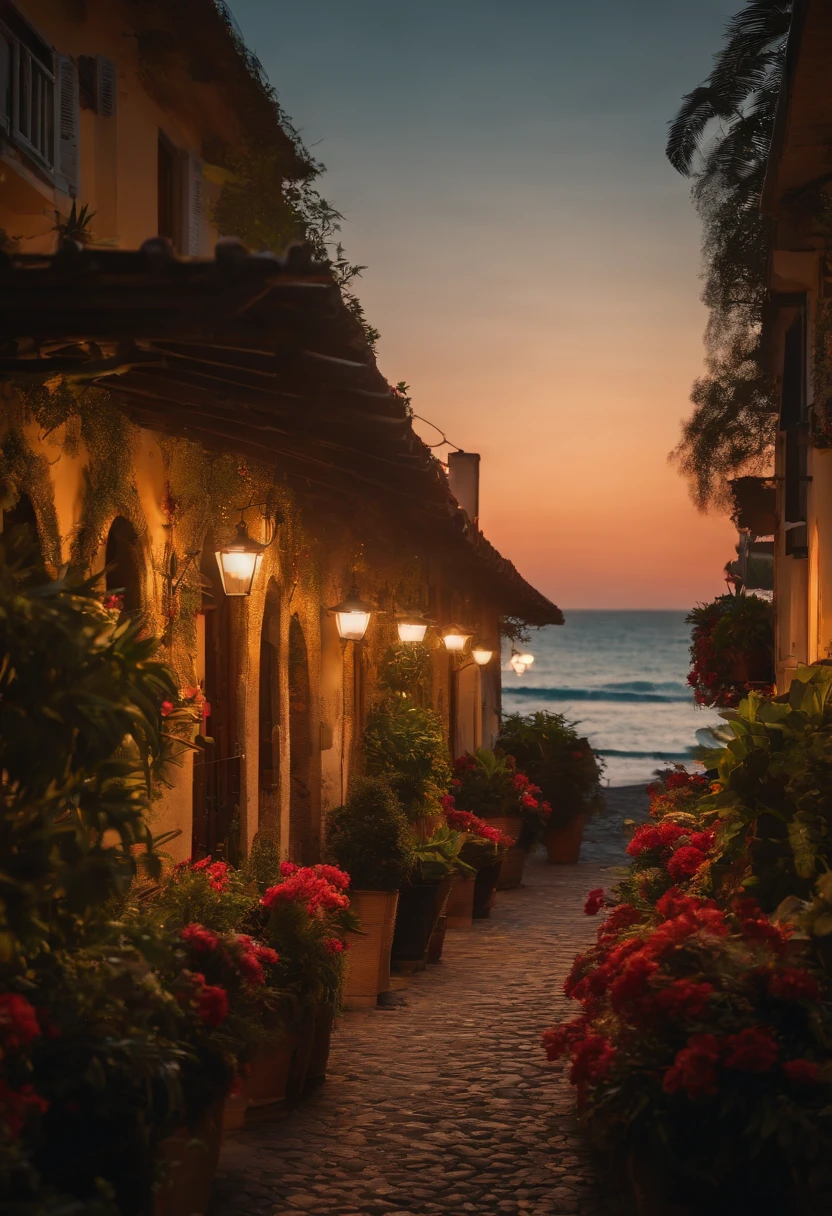 Tropical forest with a small Italian town center at sunset with warm lights and a tropical blue beach in the distance, cobble road, small  Italian restaurants, vibrance, flowers