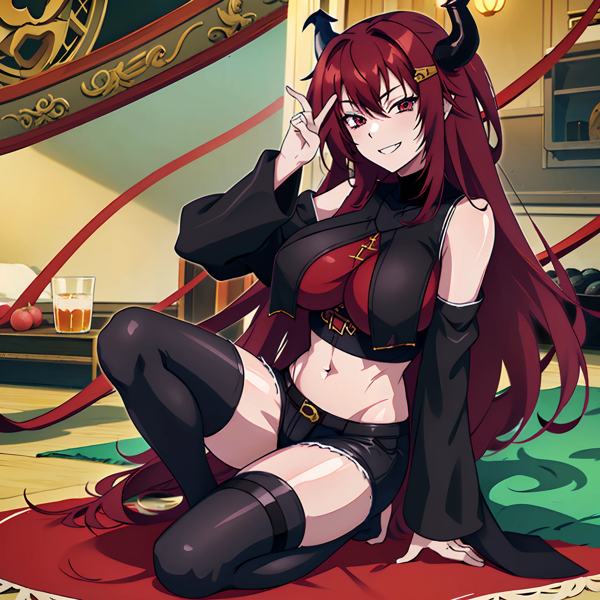 1 girl, solo, dark flamy red hair, long straight hair, black hair_ornament, large breasts, dragon horns, black crop-top, short trousers, glossy black kneehighs, side boob, sunglasses, grinning, smile