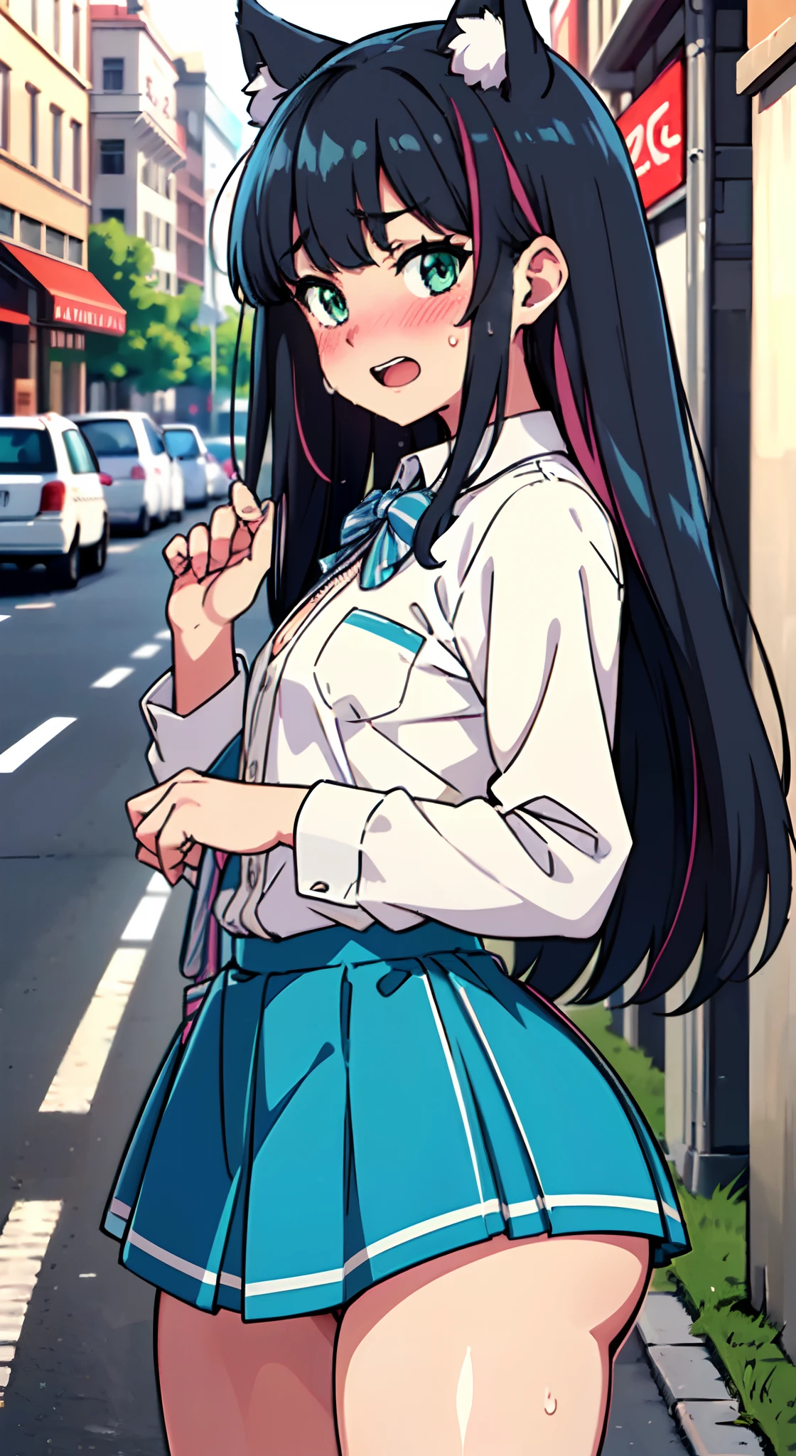 (Perfect body),Best Quality,(8K Portrait),(Official art)、(NSFW)、(((Lori)))、(((Passan Kat)))、embarrassed from、1girl in,Nekomimi、:D、showing teeth、(((thick thighs)))、(((blush))),(Sweat),((((Small udder))))、(((big butts)))、(Black head hair),((multicolored hair))、((Blunt bangs))、Long hair, (Light green eyes)、(School uniform)、((camisa branca aberta))、((a miniskirt))、((Light blue striped panties))、((((Panchira))))、White ribbon、In the street