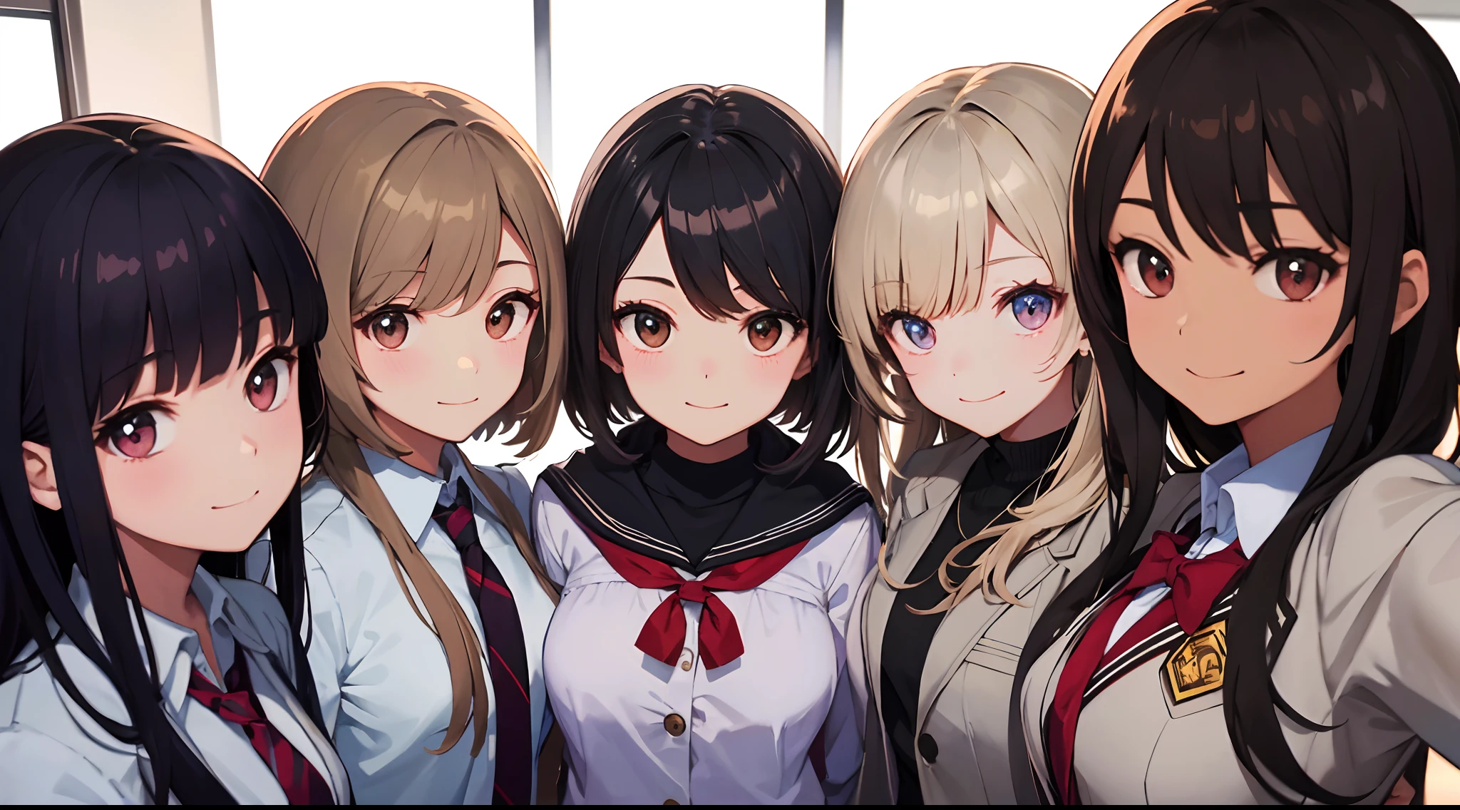 masterpiece、top-quality、detaile、hight resolution、extremely delicate and beautiful、simple background、upper body closeup、beutiful breast、hi-school girl、blazers、校服、student clothes、Smile、multiple female、5 women、4 females、7 Women、selfee、Photo booth、Winter clothes
