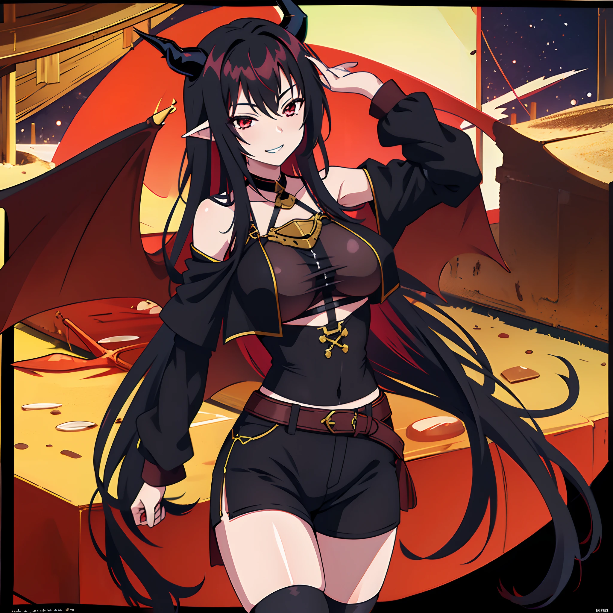 1 girl, solo, dark flamy red hair, long straight hair, black hair_ornament, large breasts, dragon horns, black crop-top, short trousers, glossy black kneehighs, side boobs, sunglasses, grinning, smile