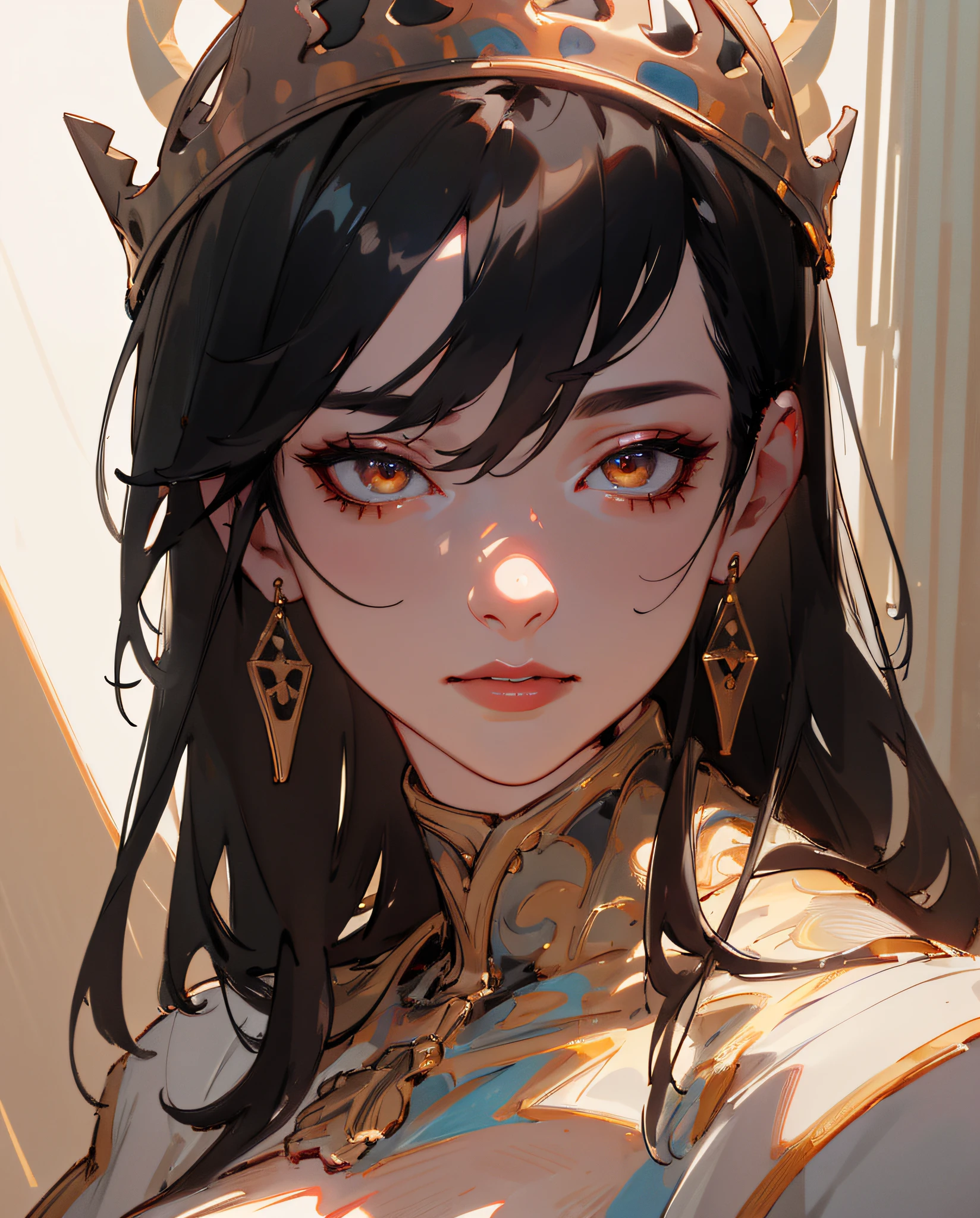 ((Retina)), masterpiece, anatomically correct, textured skin, super detail, high detail, high quality, best quality, highres, 4K, (Detailed Lights, Detailed Shadows), 1Woman, Divinity, Goddess, Close-up, Portrait, (Half Body), Extremely Detailed Clothes, Detailed Skin, Perfect Body, (Black Colored Hair), (Queen)