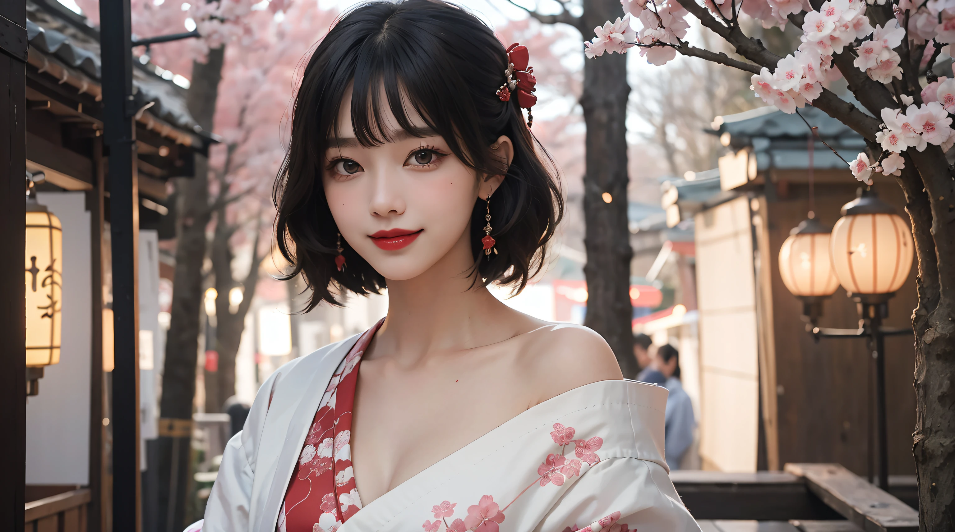 best quality, masterpiece, ultra high res, RAW, 8k, ultra-realistic, young girl, offshoulder, smile, warm light, night-time, detailed skin, (black hair:1.4), red lipstick, (Bangs:1.2), ((Sakura Background)), extremely beautiful eyes, wearing kimono_clothes, red Kimono, Festival, market-stands, Lantern-Rite