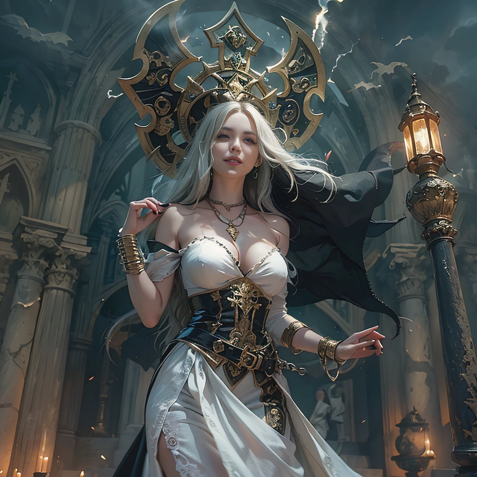 (Numerous award-winning masterpieces, with incredible detail, textures and maximum detail), (hyper realistic:1.4), (realistic:1.3), (full body up:0.4), (best quality real texture skin), ((medieval world)), finely detailed eyes, finely detailed face, (((witch's old black hat))), (Slim witch in white), (Slim female wizard in white), (Slim witch in black), (slim female wizard in black), Gentle eyes, ((perfect and beautiful fingers)), ((perfect and beautiful arms)), (She has a mischievous smile on her face:1.4), Friendly and girlish face, (The devil dances overhead), Glass earrings on the ears, (dramatic photo:1.6), Shining majestic lightning storm cloud mass and sky, halo optical phenomenon, Anti-Sacred Light, twilight, sunset, dusk, (Dramatic Light), (A majestic sight), (Her expression is calm gentle and very beautiful but somehow scary), (Noble posture), (golden hair, silver hair, chestnut hair), ((Full-length portrait)), ((looks up)), ((looking down)), (full-body standing image:1.5), (Around her neck is a simple necklace with wicked but elaborate workmanship), Altar of Purgatory, Old ruins infested with plants, The Great Temple of the Devil, great cathedral, The Devil's Grand Shrine, temple ruins, detached temple, magic circle, Ruins of an ancient castle, Deserted ruins, crumbling ruins, Ancient ruins with clear water, wavelets, running water,