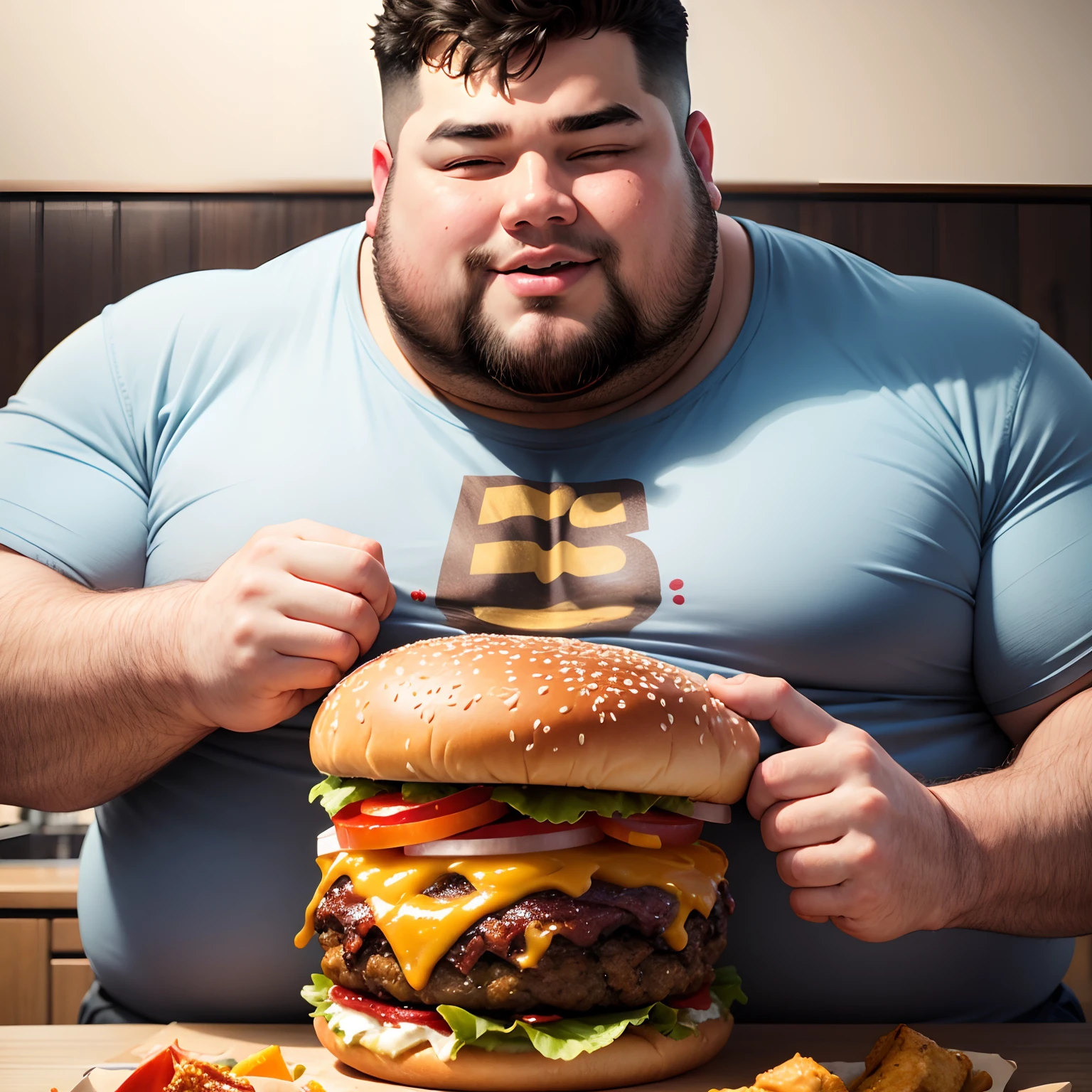 Crea la imagen de un hombre moreno y gordo comiendo una hamburguesa