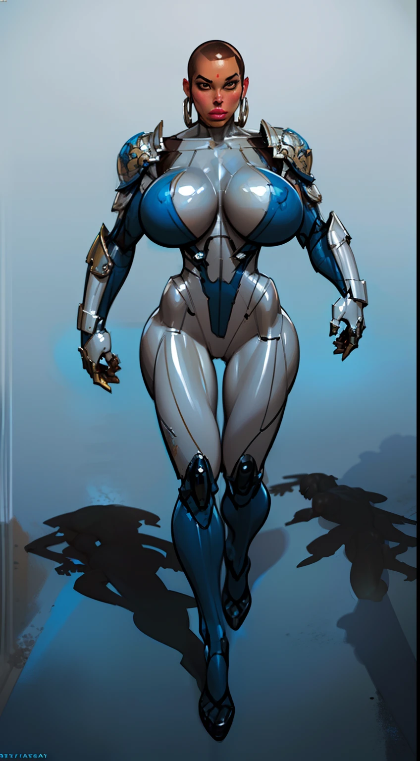8k ((above view:1.6)), ((full body view:1.3)) (large eyes:1.3), defined cheekbones, ((the pit style:1.4))((sleek silver bodysuit:1.6)) ((intricate details:1.4))detailed face:1.5), brown skin,(puffy lips:1.5) ((brown skin:1.6)), ((brown face:1.4)), (bald woman:1.7), (skinhead) ((sexy pose)),(Muscular:1.3), ((gigantic breasts:1.5)), )highly detailed, Volumetric lighting, baroque oil painting by Greg Rutkowski, Artgerm, WLOP, dynamic angle,(( bodysuit:1.3)), majestic, digital photography, best shadow, light particles, art by artgerm and ruan jia and greg rutkowski, ((metal shoulder pads:1.5)), (masterpiece), sidelighting, intricate details, (((black and blue color palette)))