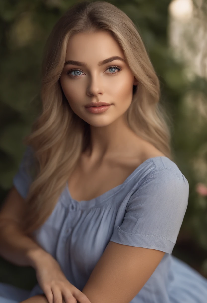 arafed woman fully , sexy girl with blue eyes, ultra realistic, meticulously detailed, portrait sophie mudd, blonde hair and large eyes, selfie of a young woman, bedroom eyes, violet myers, without makeup, natural makeup, looking directly at the camera, face with artgram, subtle makeup, stunning full body shot kneeling on bed, in garden, medium to large size bust