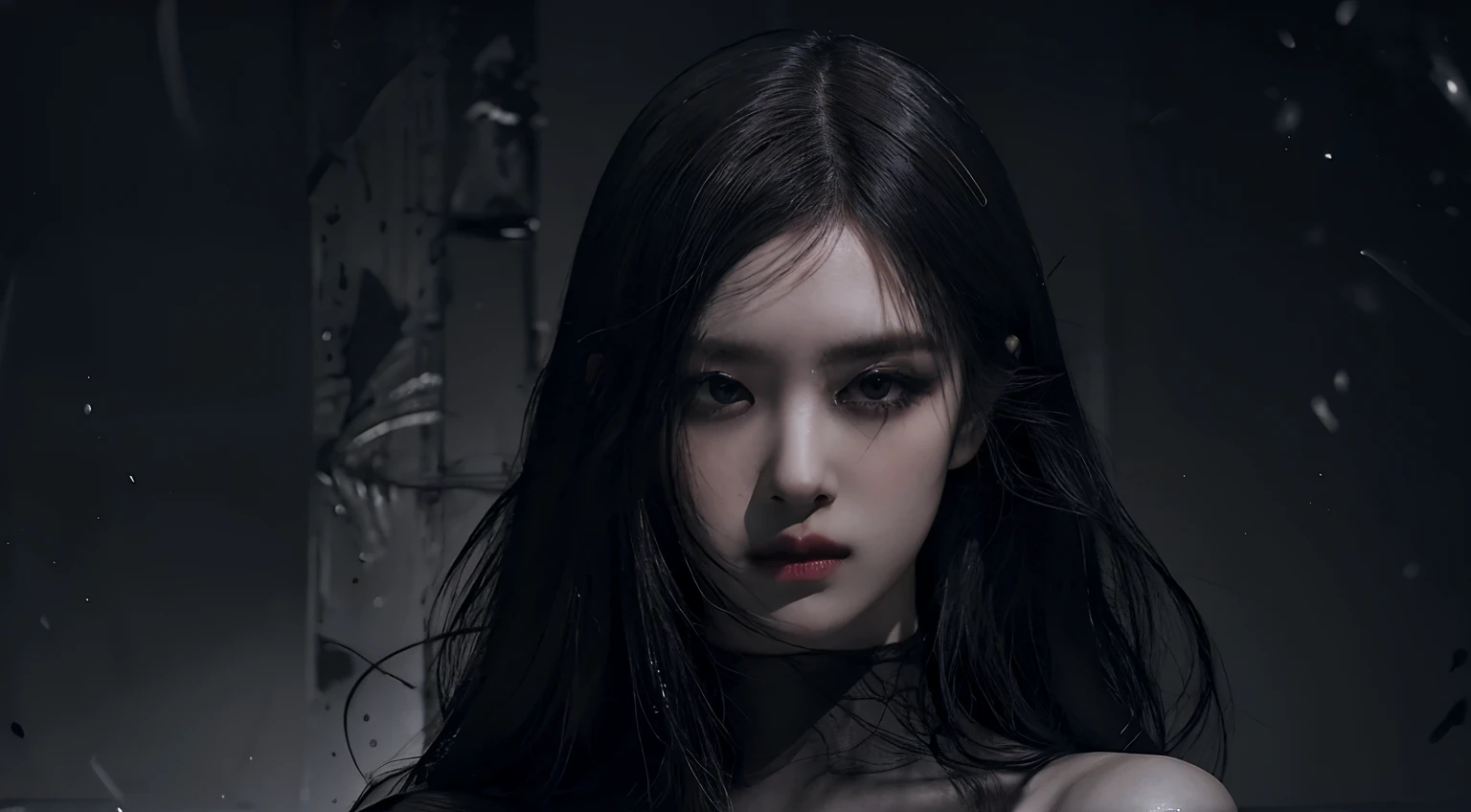 (best quality, highres:1.2), realistic, black dress, black hair, dark theme, black background, intense gaze, elegant posture, flowing dress, detailed facial features, long eyelashes, pale skin, contrast, fine details, dramatic atmosphere, gothic style, intense emotions, monochrome color palette, captivating setting, haunting beauty, artistic photography, everything is black