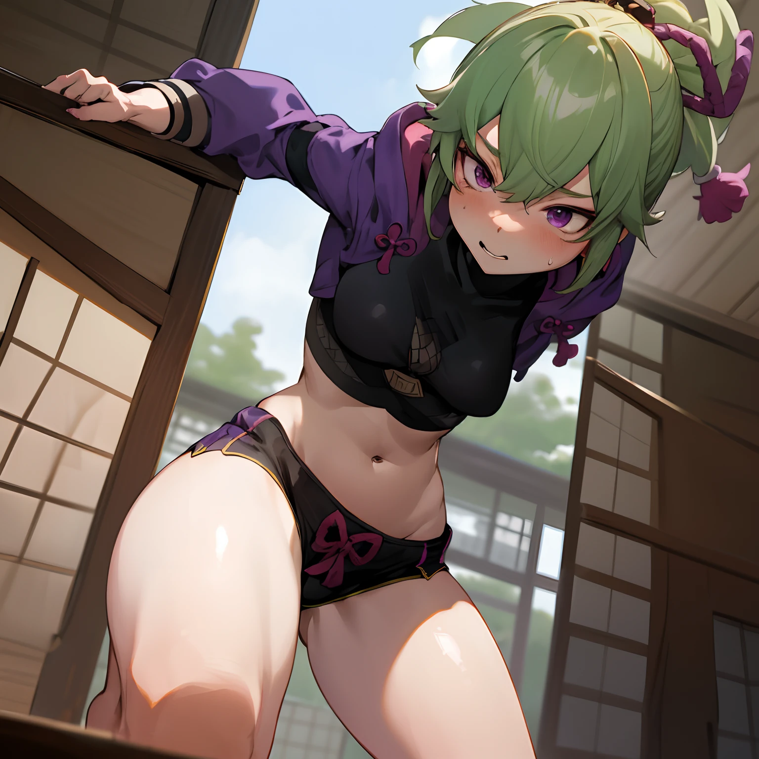 Kuki shinobu, Masterpiece, perfect face, best quality, highest quality, perfect face, beautiful girl, kuki genshin impact, giantess woman , light green hair, sporty, fit, low angle, purple eyes, looking down at viewer, giantess, anime giantess, hot, sexy, beautiful girl, leaning down, large breasts, bulging chest, flushed, embarrassed, giantess, long legs, growing, outdoors, sky in background, chest growth, low angle, tight shorts, thighs bulging, very low angle, growing larger, giantess growth, cowboy shot, leaning down, leaning towards viewer, growing larger, growth, wide hips, thick thighs, meaty thighs, embarrassment, flushed face, kuki shinobu, detailed outfit, soft lighting, sharp eyes, high ponytail, toned stomach, 4K, short black shorts, gold on shorts, pink bow on shorts, turtleneck crop top, mesh section on crop top, large ribbon in ponytail, indoors, wearing jacket, crop jacket, dark purple crop jacket, hood on jacket, Japanese decorations on clothing, ninja, inside japanese room, giantess indoors, viewed from below, low angle drawing, low angle shot, camel toe