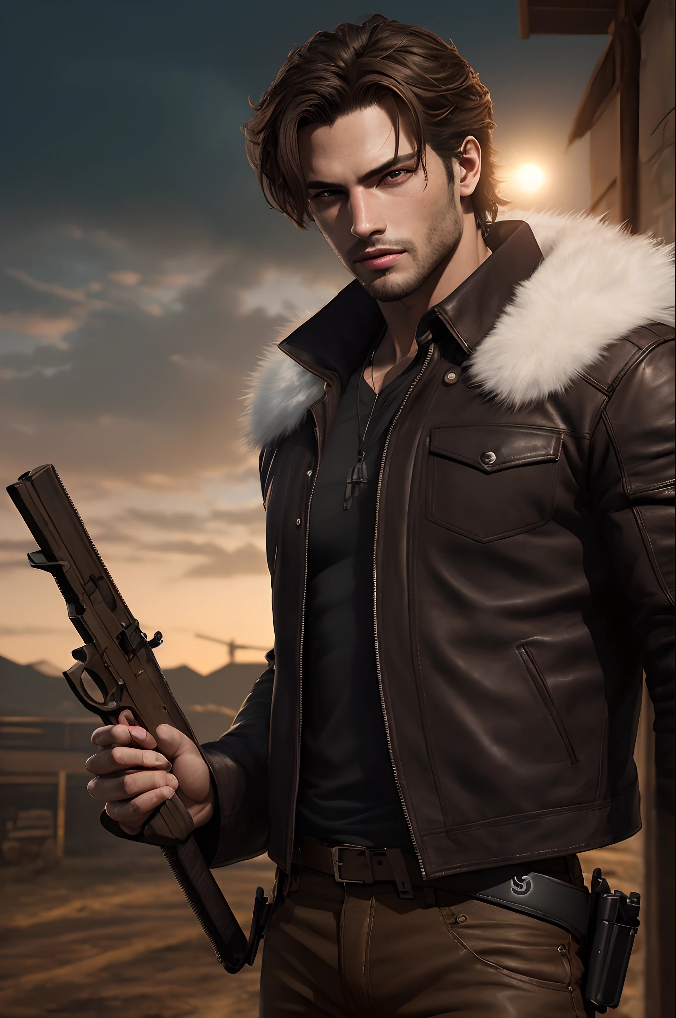 1 Homem, estilo plano, young man, 27 anos, Leo s. Kennedy de Resident evil 4, rosto de Eudard Badaluta, acompanhado por uma garota de cabelo comprido e preto, pele branca, musculoso, Lean muscle man, alto, Piece, ombro largo, barbeado limpo, cabelos loiros claros, penteado de cortina, dark brown cold long sleeve leather jacket with white fur on the neck, camiseta de cor preta dentro, black pant, holding a pistol in his right hand, Visualizador olhando, high resolution:1.2, melhor qualidade, tiro na parte superior do corpo, tiro de close up, lutando de zumbis, Nightime, low camera angle, Volumetric lighting, profundidade de campo, Sombra