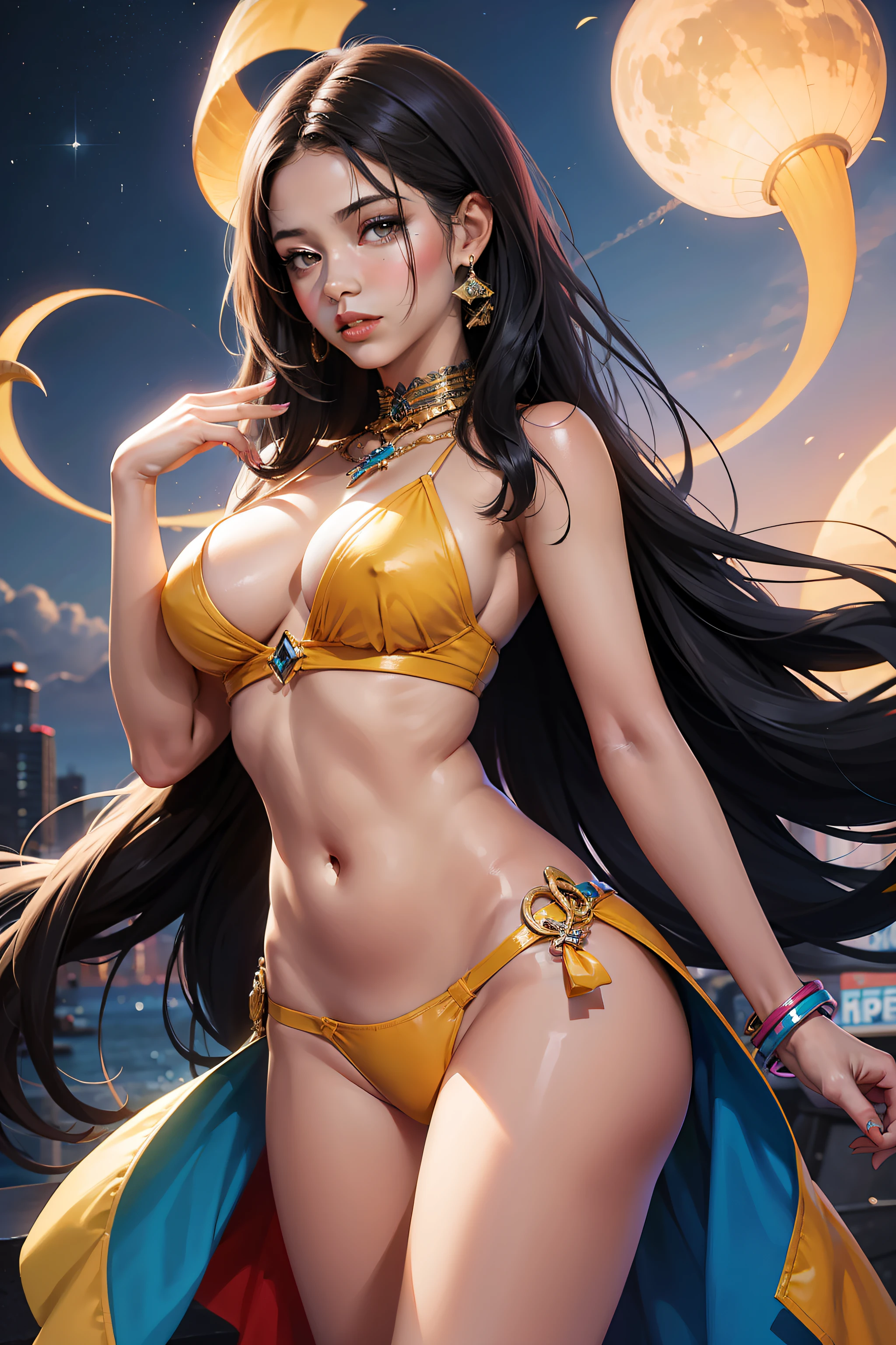 chica sexy de piel morena con atuendo andino muy colorido, pelo largo trenzado