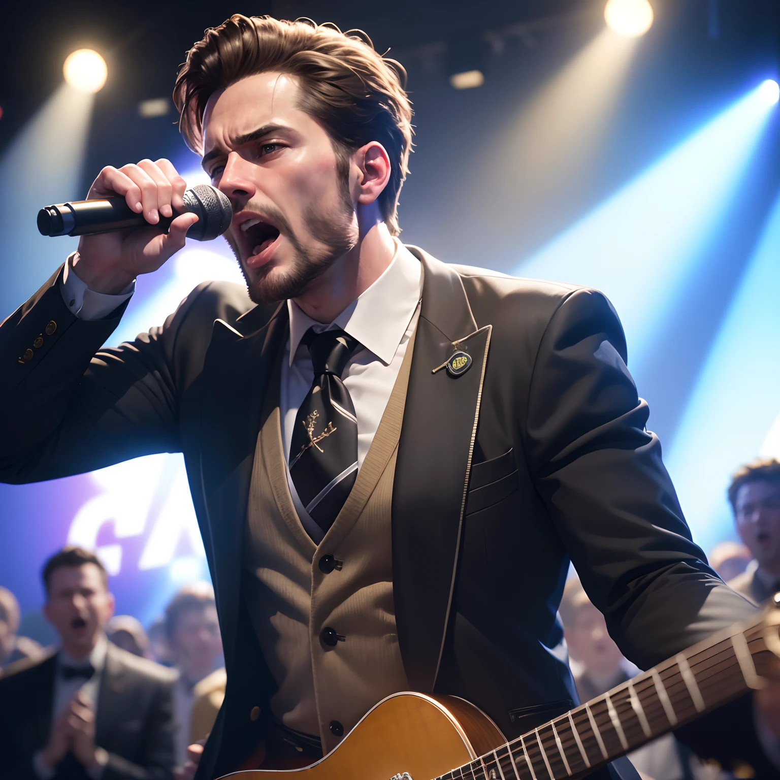 (8k, RAW photo, best quality, masterpiece:1.2), (realistic, photo-realistic:1.37), expensive suit man singing on stage open mouth with crowd beneath him