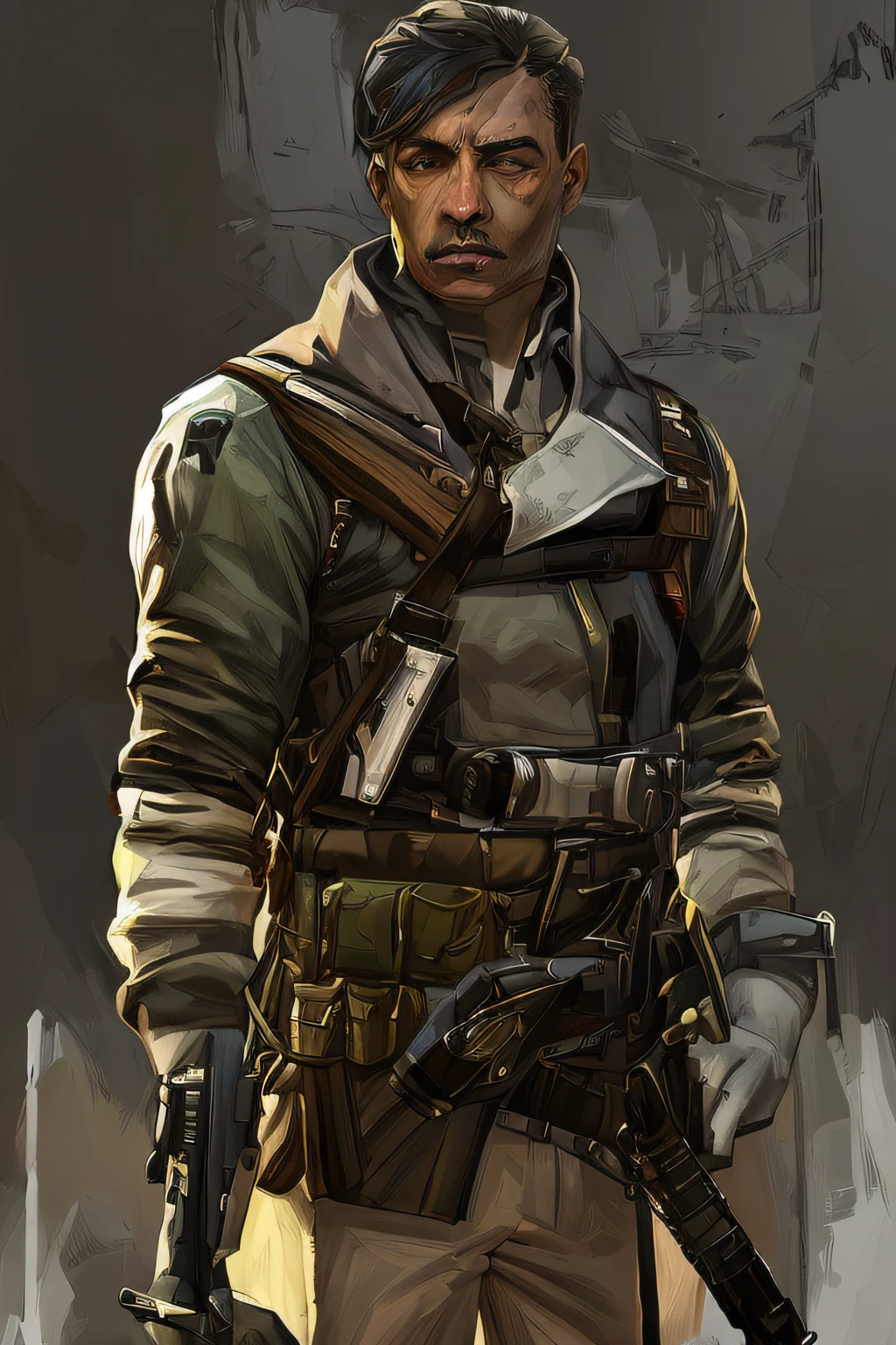 um homem de uniforme militar, hearts of iron portrait, iron hearts portrait style, soldado, Retrato de um soldado, inspirado em Kadir Nelson, Directed by: Barkley Hendricks, Directed by: Kadir Nelson, inspirado em Barkley Hendricks, inspirado em Thomas Blackshear, arte militar, Mario como um soldado da Primeira Guerra Mundial, foto de retrato em close-up, Motor Unreal 5, personagem feminina, marvelous designer substance, cor da pele realista, maia 8 mil, Personagem 3d realista, rosto altamente detalhado, , estilo Dishonored, Personagem Disco Elysium, Art style of Cédric Peyravernay