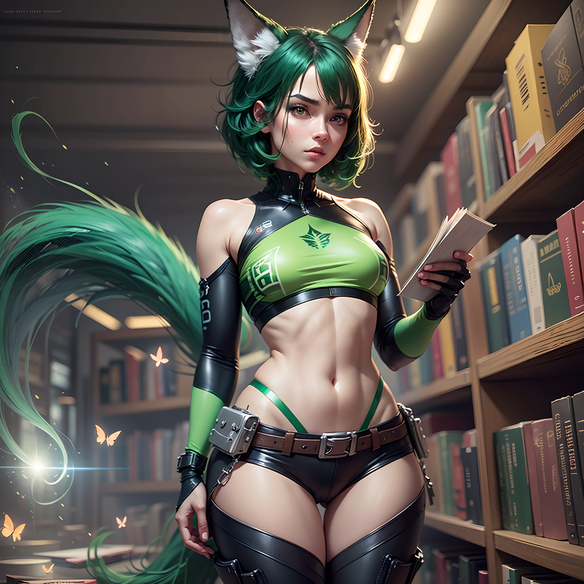 1 female, reading book, short emerald hair, green glowing eyes, green fox ears, high quality, books, library, butterflies, cinematic radius, realistic digital art illustration poster film portrait, epic lighting, cinematic lighting, high res, (detailed image:1), insane details, smooth, hyper realistic, (highly detailed: 1.2), masterpiece, 8k uhd, digital art style, full body shot, pants, small shirt, medium breast,