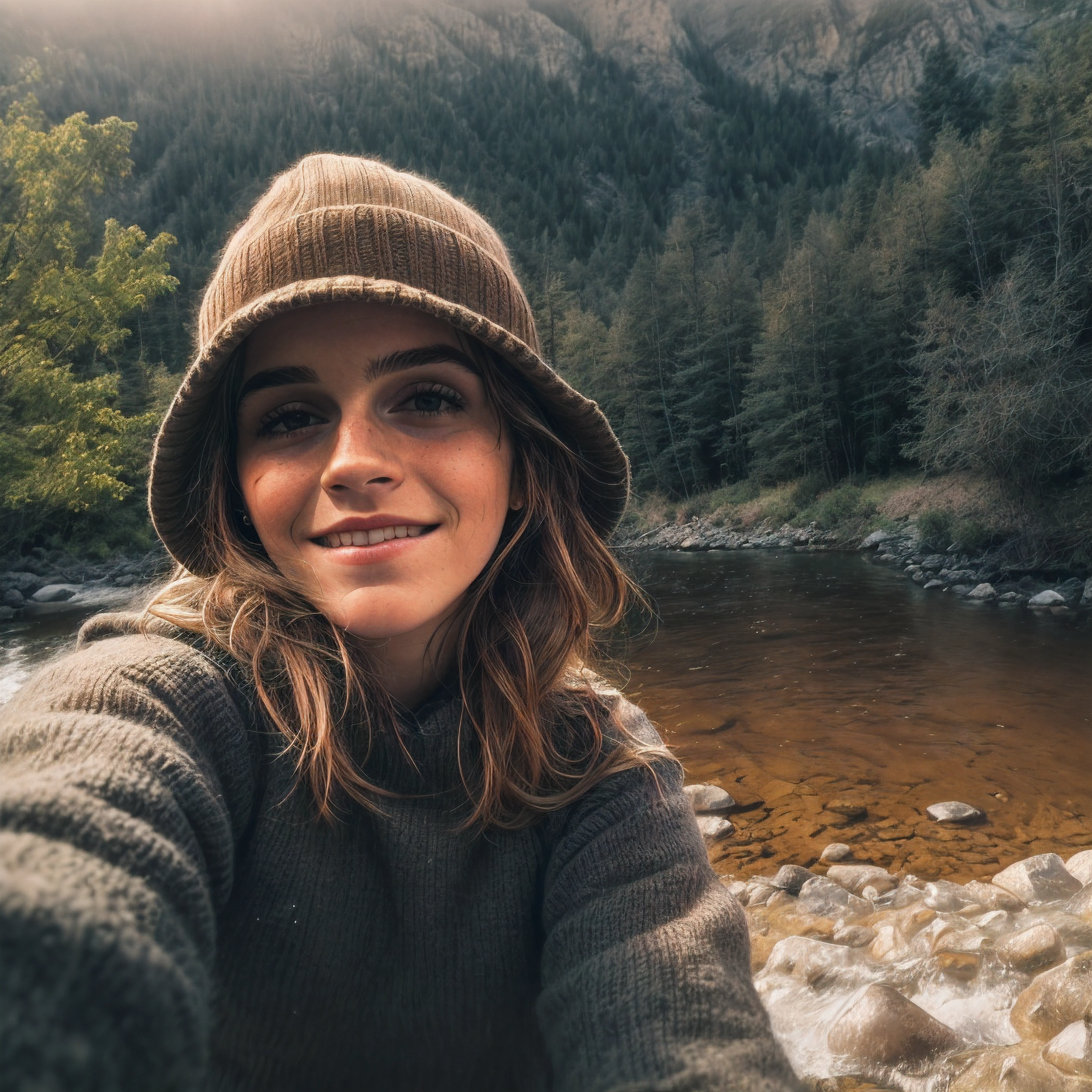 1 Emma Watson ((upper body selfie, happy)), masterpiece, best quality, ultra-detailed, solo, outdoors, (night), mountains, nature, (stars, moon) cheerful, happy, backpack, sleeping bag, camping stove, water bottle, mountain boots, gloves, sweater, hat, flashlight, forest, rocks, river, wood, smoke, marijuana, weed, shadows, contrast, clear sky, analog style (look at viewer:1.2) (skin texture) (film grain:1.3), (warm hue, warm tone)
:1.2), close up, cinematic light, side lighting, ultra high res, best shadow, RAW, upper body, Emma Watson, wearing pullover
