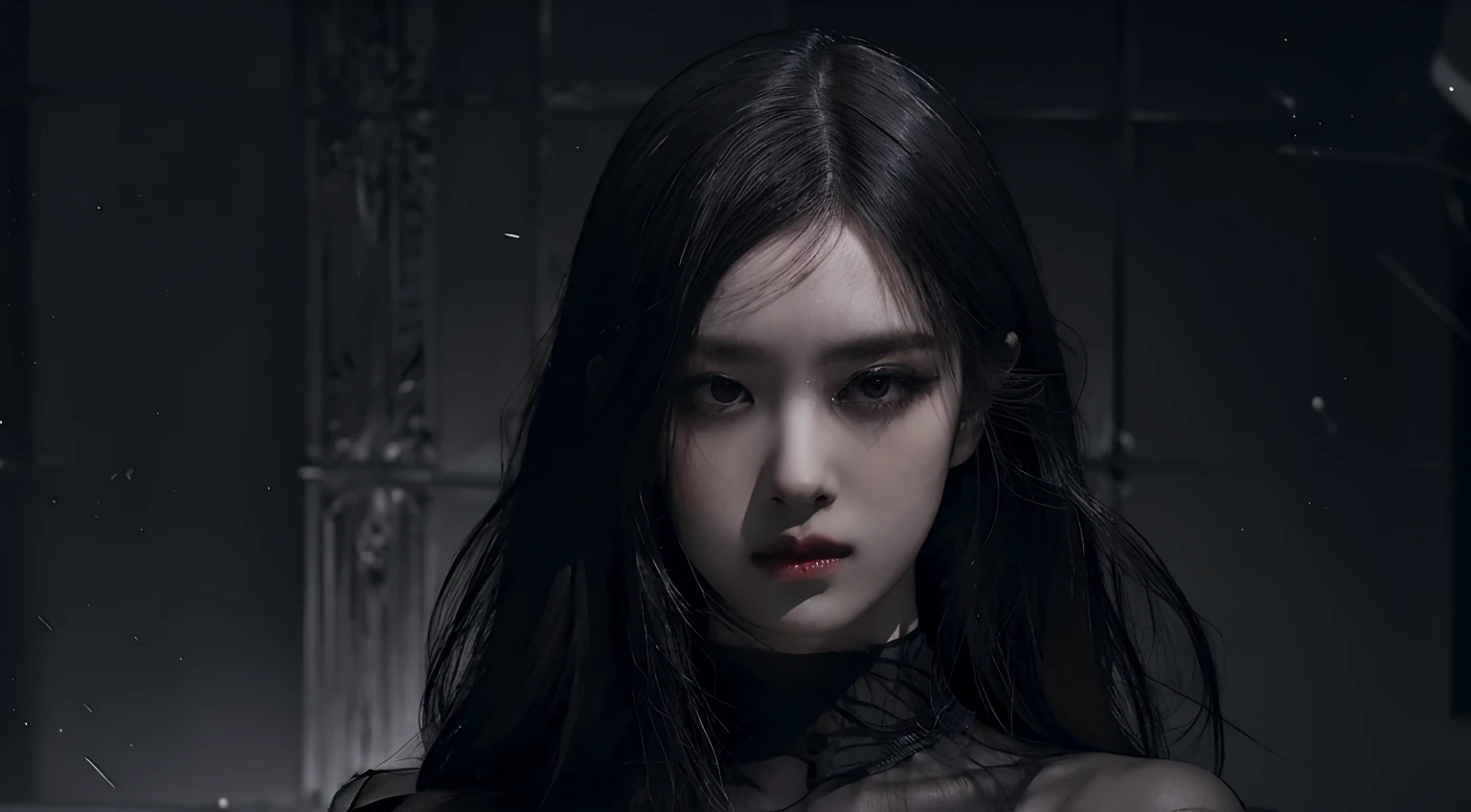 (best quality, highres:1.2), realistic, black dress, black hair, dark theme, black background, intense gaze, elegant posture, flowing dress, detailed facial features, long eyelashes, pale skin, contrast, fine details, dramatic atmosphere, gothic style, intense emotions, monochrome color palette, captivating setting, haunting beauty, artistic photography, everything is black