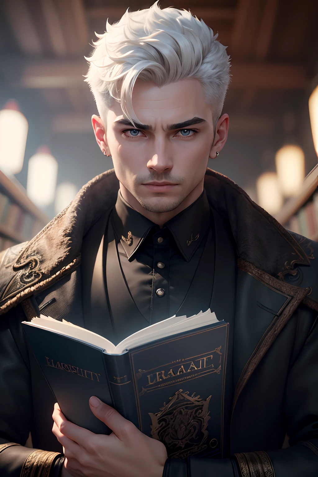 (masterpiece, best quality, 8k, sharp focus, depth of field, best shadows, perfect lights, HDR, realistic skin texture, ultra detailed background, dynamic pose), male, adult, masculine complexion, white short hair, blue eyes, black overcoat, small black earring, holding a book, library background
