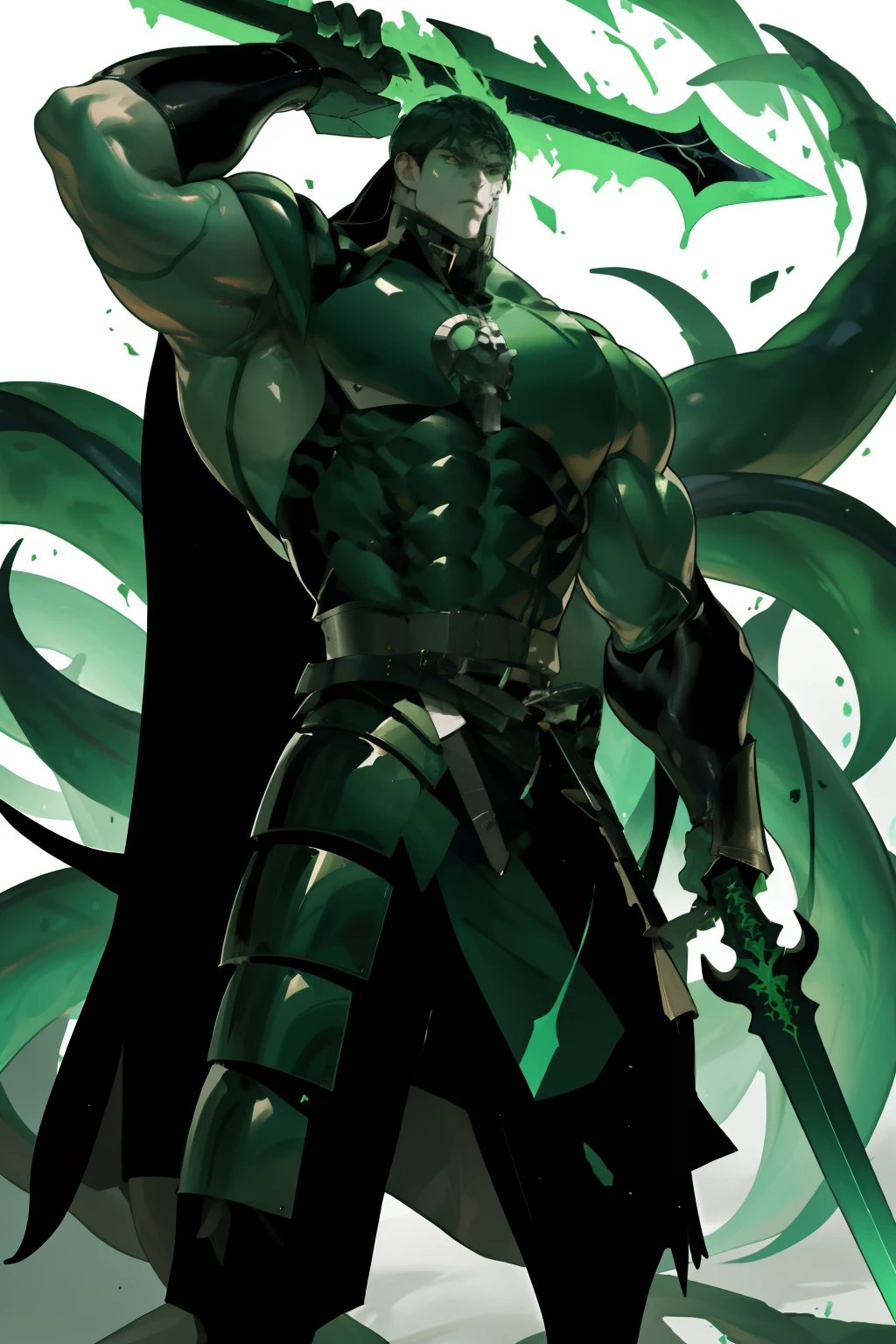 green and black theme, paladin, 7 foot male, full body, full black armor set, huge sword bigger than body held in one hand dragging partially behind, big shield (5 foot high by 4 foot wide), tentacles coming out from the head, green tentacles in the back ground