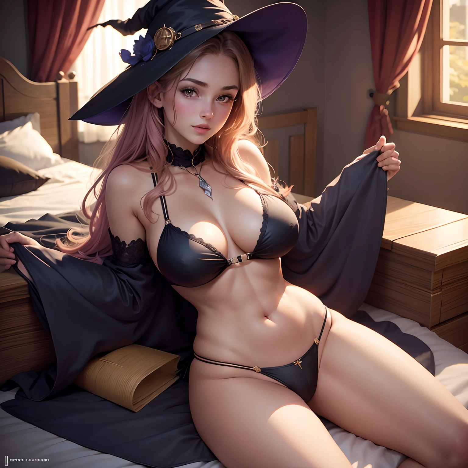 Young Witch, in bed, spreading legs, large breasts, bikini, younger boy in lap, boy is blushing