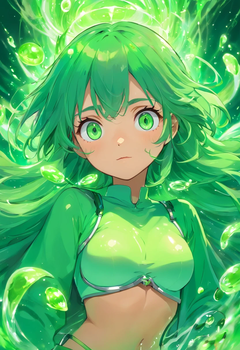 Uma grande gosma verde, transparente, em formato humano, gosma, with a tech utility belt inside, olhos brancos, olhos sem profundidade, gosma, slime, escorrendo para baixo