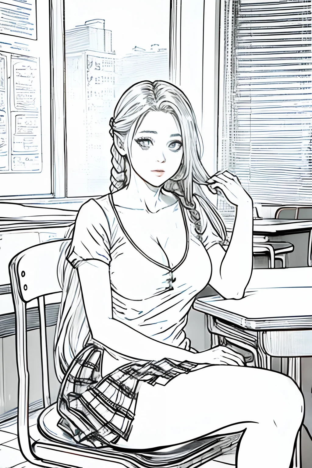 (masterpiece:1.2, best quality), maria brink, 1lady, solo, 21 year old adult, manga, school uniform, classroom, day, sit, blonde, long thick twin braids,red eyes, open collarbone, darkskin, (open breasts:1.1), big tits cleavage, thigh high stockings,  slip, perfect  ,  view, lineart, monochrome,  visible, cute