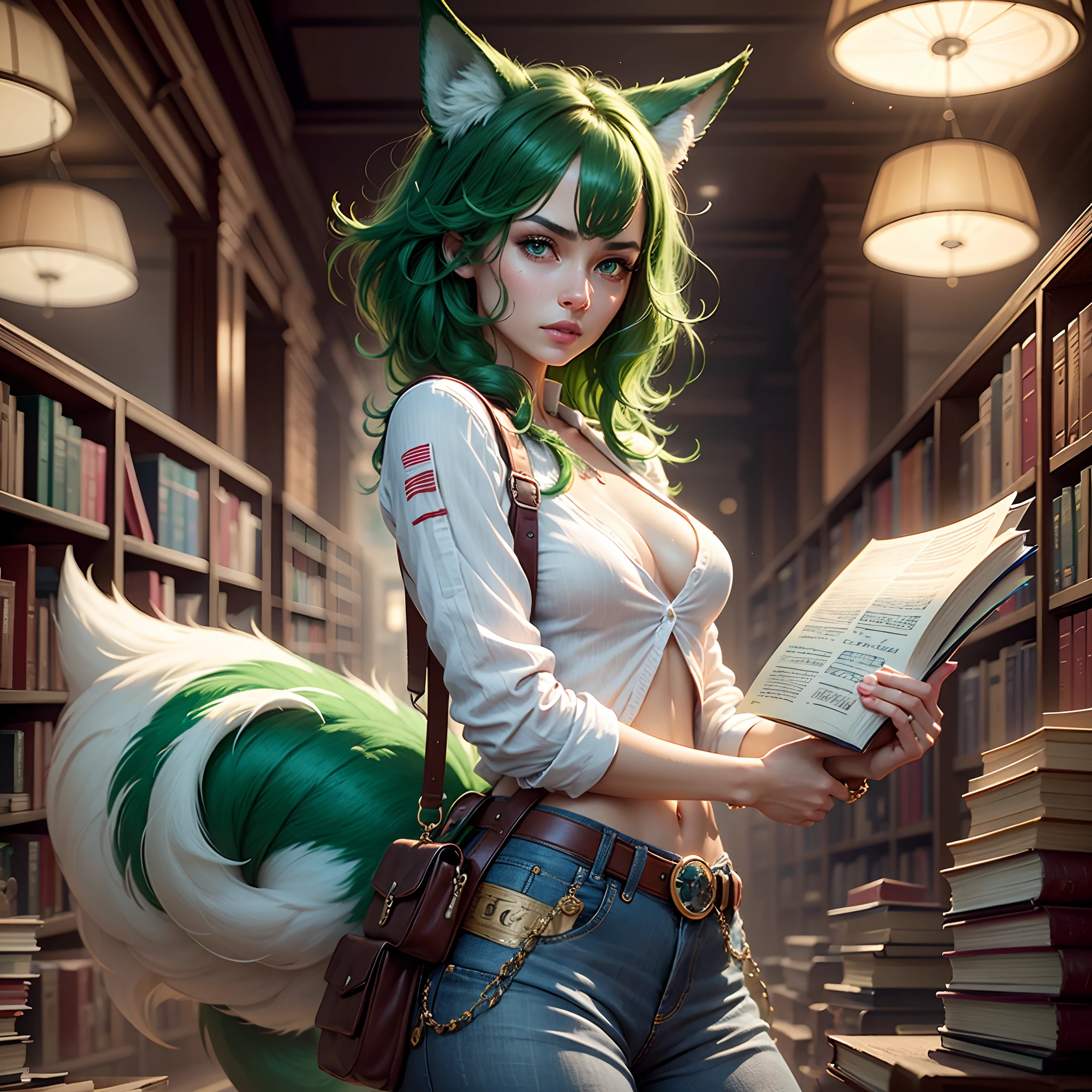 1 female, reading book, short emerald hair, green glowing eyes, green fox ears, high quality, books, library, butterflies, cinematic radius, realistic digital art illustration poster film portrait, epic lighting, cinematic lighting, high res, (detailed image:1), insane details, smooth, hyper realistic, (highly detailed: 1.2), masterpiece, 8k uhd, digital art style, full body shot, pants, small shirt, medium breast,