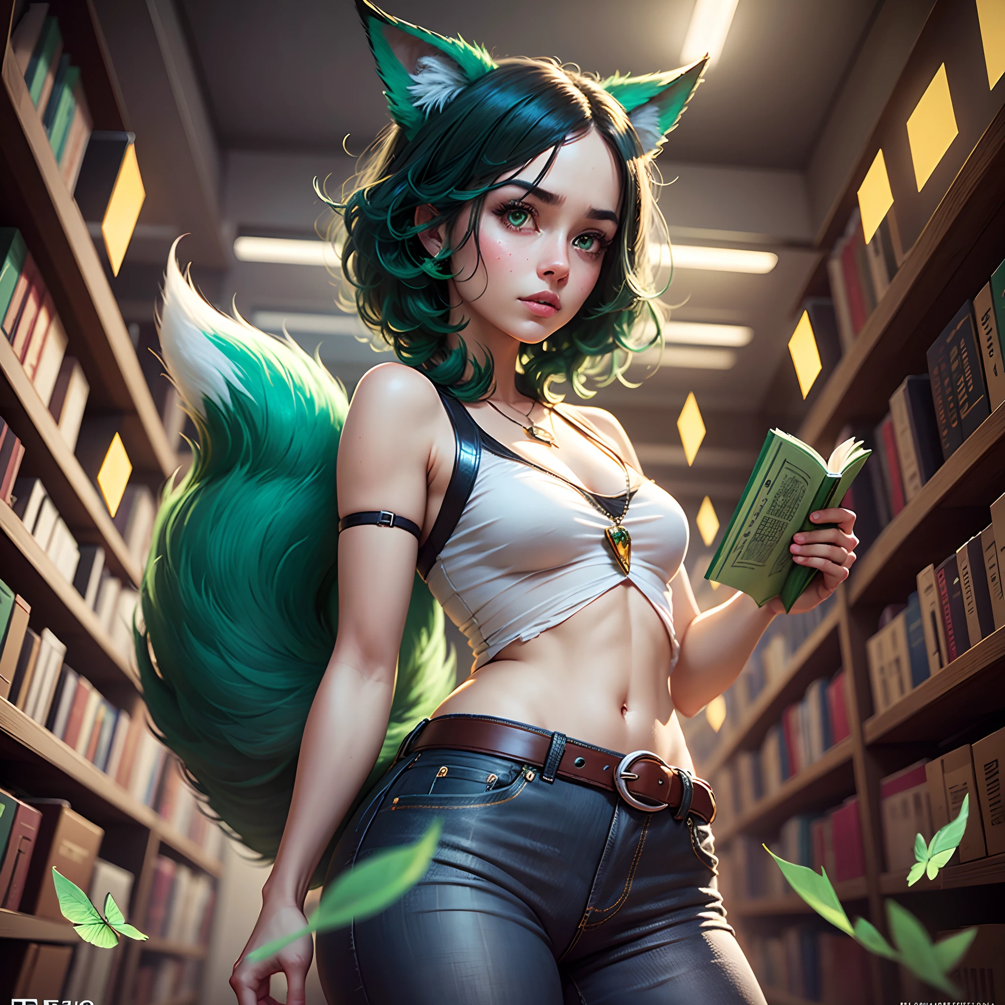 1 female, reading book, short emerald hair, green glowing eyes, green fox ears, high quality, books, library, butterflies, cinematic radius, realistic digital art illustration poster film portrait, epic lighting, cinematic lighting, high res, (detailed image:1), insane details, smooth, hyper realistic, (highly detailed: 1.2), masterpiece, 8k uhd, digital art style, full body shot, pants, small shirt, medium breast,