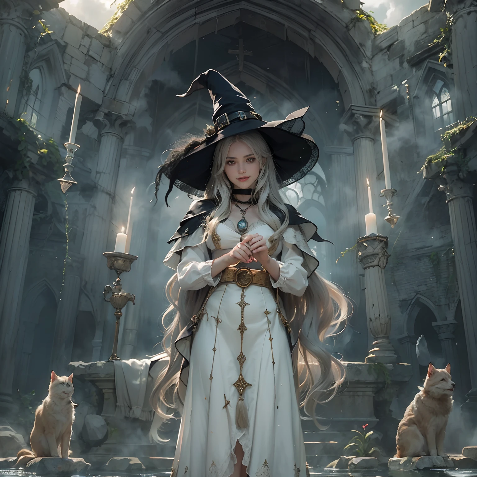 (Numerous award-winning masterpieces, with incredible detail, textures and maximum detail), (hyper realistic:1.4), (realistic:1.3), (full body up:0.4), (best quality real texture skin), ((medieval world)), slanted eyes, finely detailed eyes, finely detailed face, (((witch's old black hat))), (Slim witch in white), (Slim female wizard in white), (Slim witch in black), (slim female wizard in black), Gentle eyes, ((perfect and beautiful fingers)), ((perfect and beautiful arms)), (She has a mischievous smile on her face:1.4), Friendly and girlish face, (The devil dances overhead), Glass earrings on the ears, (dramatic photo:1.6), Shining majestic lightning storm cloud mass and sky, halo optical phenomenon, Anti-Sacred Light, twilight, sunset, dusk, (Dramatic Light), (A majestic sight), (Her expression is calm gentle and very beautiful but somehow scary), (Noble posture), (golden hair, silver hair, chestnut hair), ((Full-length portrait)), ((looks up)), ((looking down)), (full-body standing image:1.5), (Around her neck is a simple necklace with wicked but elaborate workmanship), Altar of Purgatory, Old ruins infested with plants, The Great Temple of the Devil, great cathedral, The Devil's Grand Shrine, temple ruins, detached temple, magic circle, Ruins of an ancient castle, Deserted ruins, crumbling ruins, Ancient ruins with clear water, wavelets, running water,