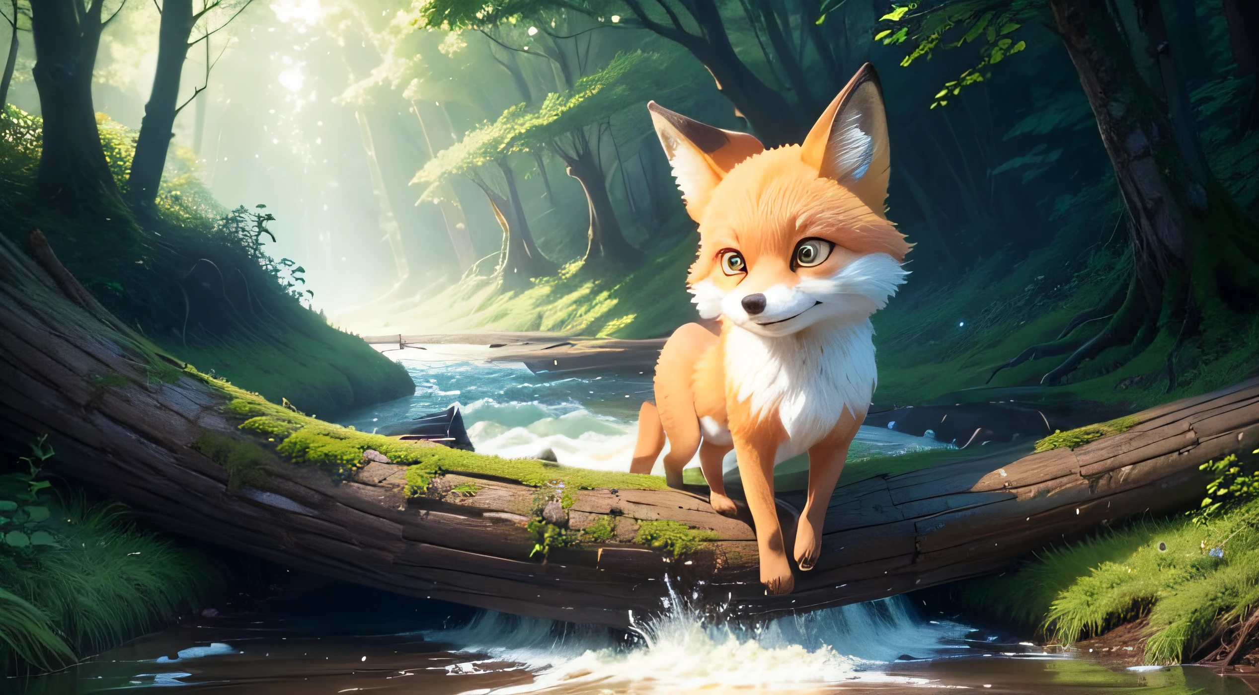 front view of a adorable fox Crossing a fallen tree trunk in a river, back the Lens, Pixar Movie Style, best quality, Cinematic Movie Still, very cute, big eyes, bright eyes, yellow flowers around path, opening your mouth, very happy, pretty eyes, Fallen tree trunk in the river, Pixar Style Movie