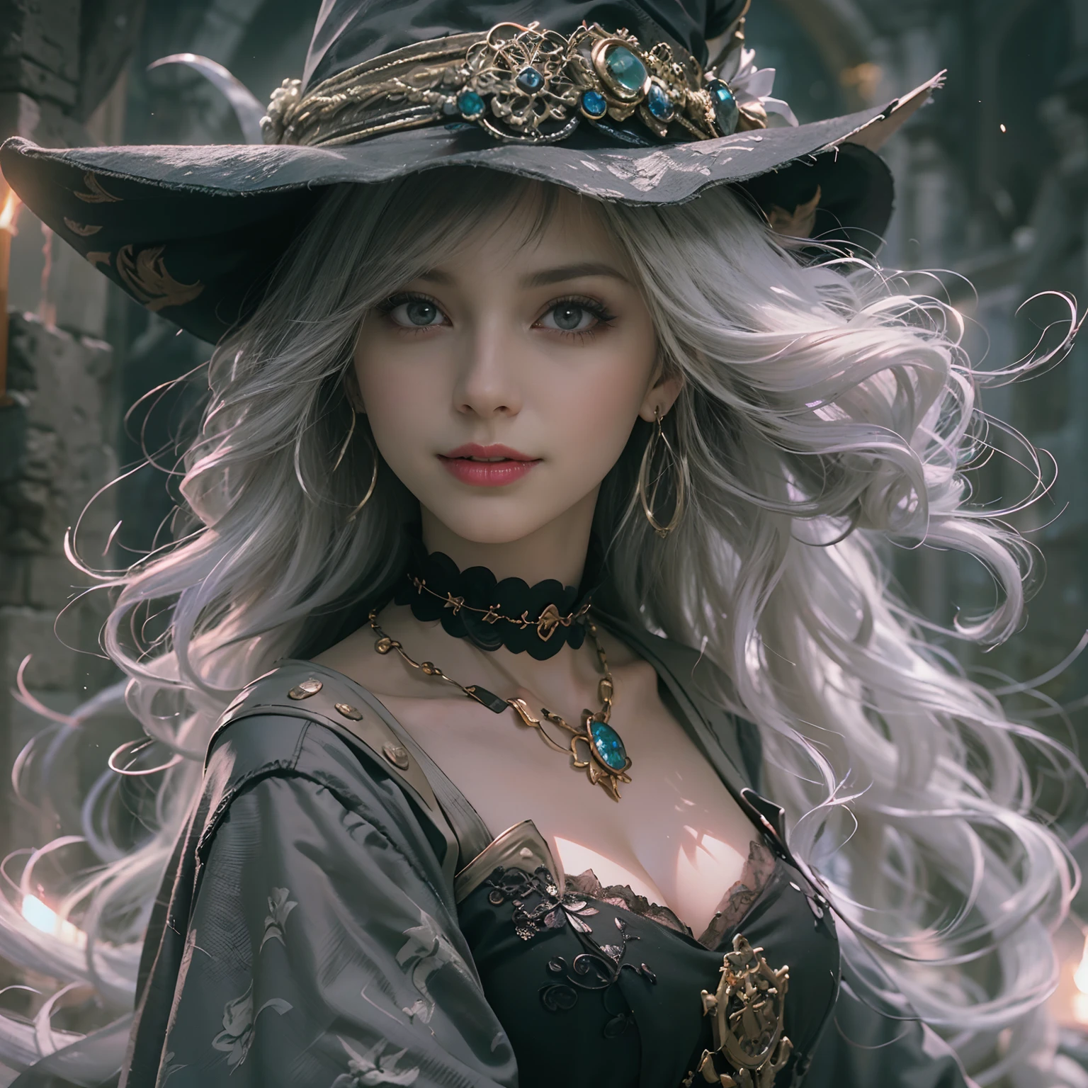 (Numerous award-winning masterpieces, with incredible detail, textures and maximum detail), (hyper realistic:1.4), (realistic:1.3), (full body up:0.4), (best quality real texture skin), ((medieval world)), slanted eyes, finely detailed eyes, finely detailed face, (((witch's old black hat))), (Slim witch in white), (Slim female wizard in white), (Slim witch in black), (slim female wizard in black), Gentle eyes, ((perfect and beautiful fingers)), ((perfect and beautiful arms)), (She has a mischievous smile on her face:1.4), Friendly and girlish face, (The devil dances overhead), Glass earrings on the ears, (dramatic photo:1.6), Shining majestic lightning storm cloud mass and sky, halo optical phenomenon, Anti-Sacred Light, twilight, sunset, dusk, (Dramatic Light), (A majestic sight), (Her expression is calm gentle and very beautiful but somehow scary), (Noble posture), (golden hair, silver hair, chestnut hair), ((Full-length portrait)), ((looks up)), ((looking down)), (full-body standing image:1.5), (Around her neck is a simple necklace with wicked but elaborate workmanship), Altar of Purgatory, Old ruins infested with plants, The Great Temple of the Devil, great cathedral, The Devil's Grand Shrine, temple ruins, detached temple, magic circle, Ruins of an ancient castle, Deserted ruins, crumbling ruins, Ancient ruins with clear water, wavelets, running water,