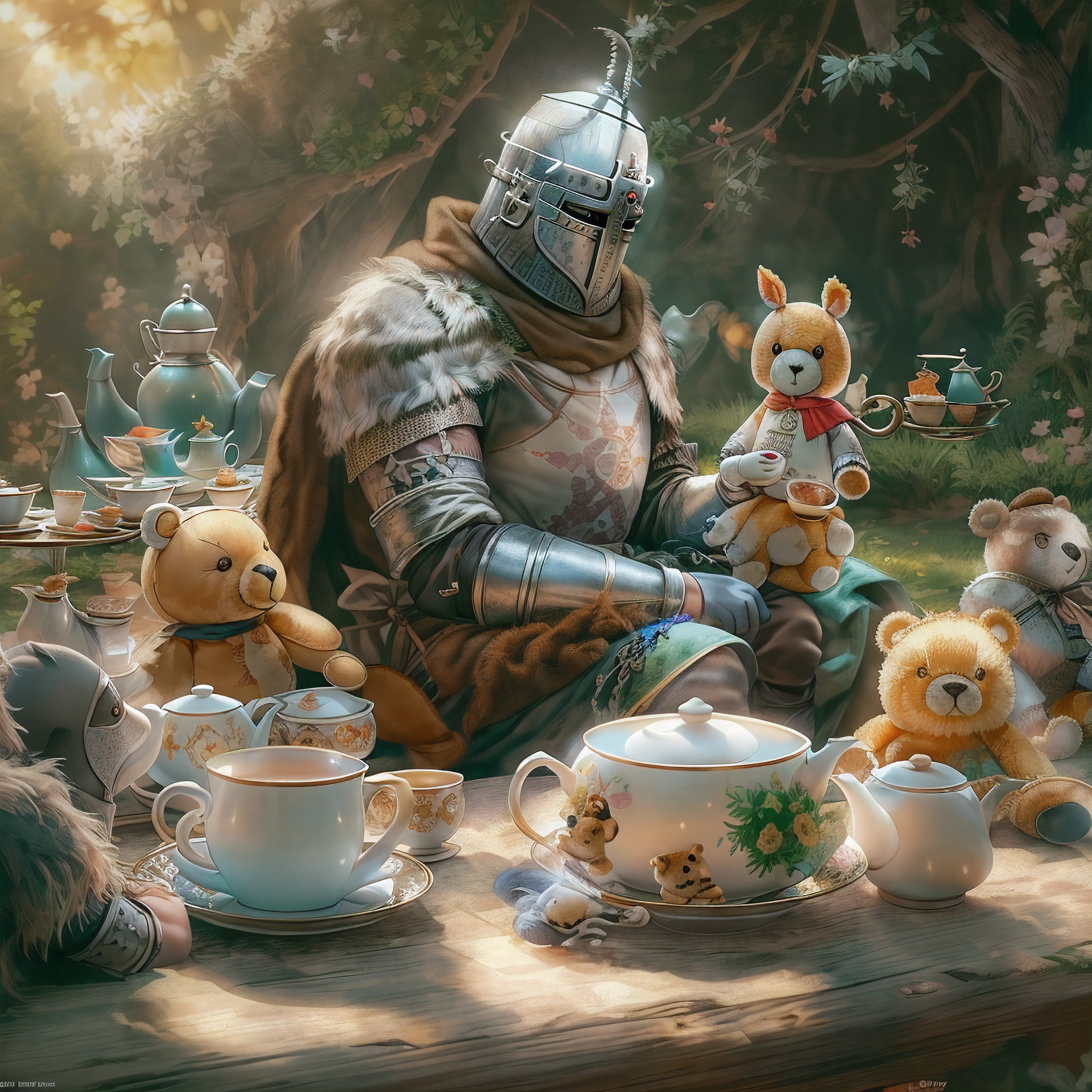 (masterpiece),((Solaire)),A knight sitting at a ((tea party:1.2)), with ((cute stuffed animals:1.2)), atmospheric 4k ultra detailed, Sharp focus, Masterpiece, colors, 4k, concept art, trending on artstation,Vivid colors, extremely detailed CG unity 8k wallpaper, trending on ArtStation, trending on CGSociety, Intricate, High Detail, absurdes