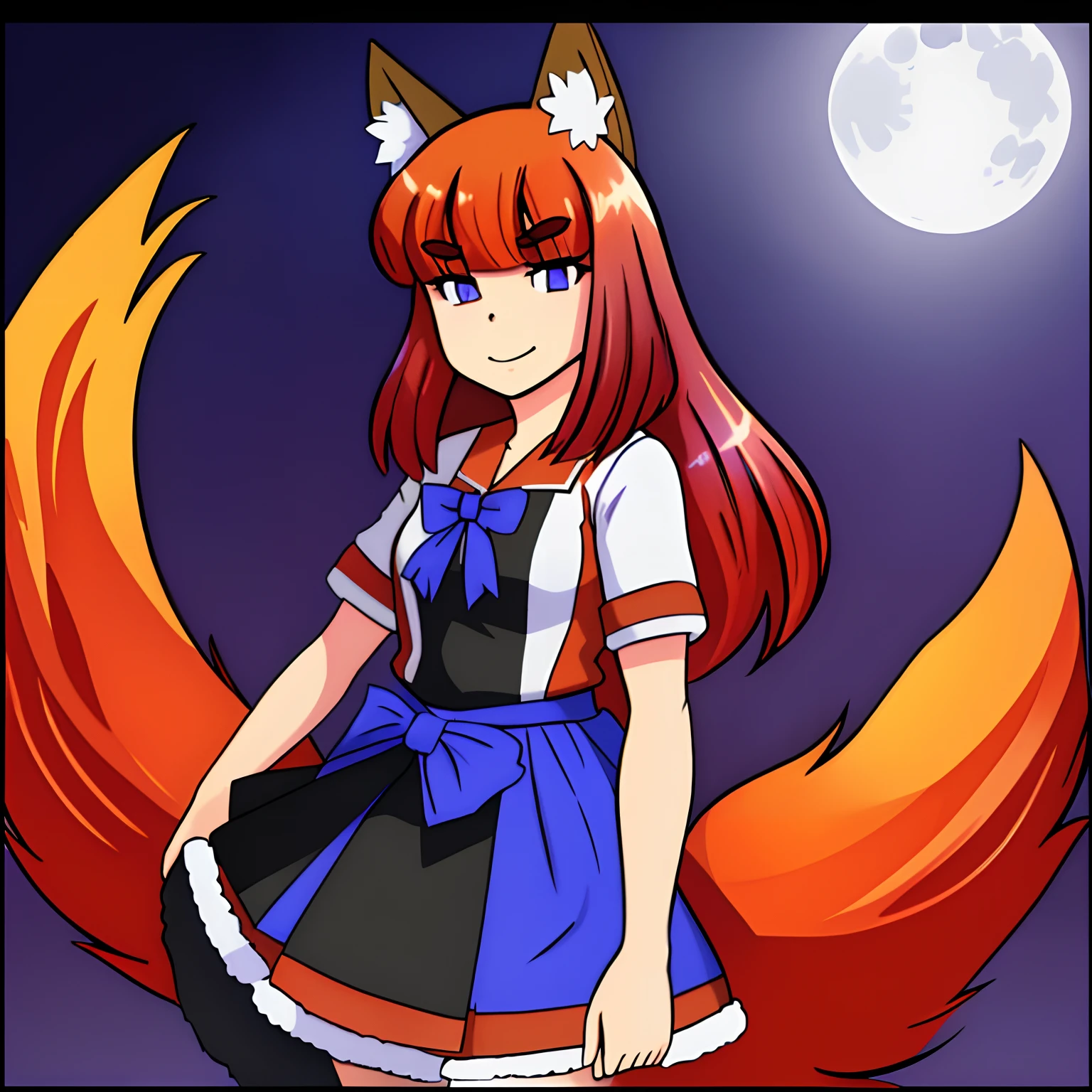 Low angle, and dutch, solo woman, kitsune woman (red skin), (blue eyes), fox ears (red ears), long hair, inner hair, (red hair), fox tail (red tail), fluffy tail, plush tail, shy face, light smile, dress skirt (purple and black cloth), night, moonlight, forest, river, anime style, 8K, HDR, CGI animation, outlined with markers, markers outlines, hight contrast, highly detailed face, highly detailed eyes, professional lineart, professional draw, professional paint,