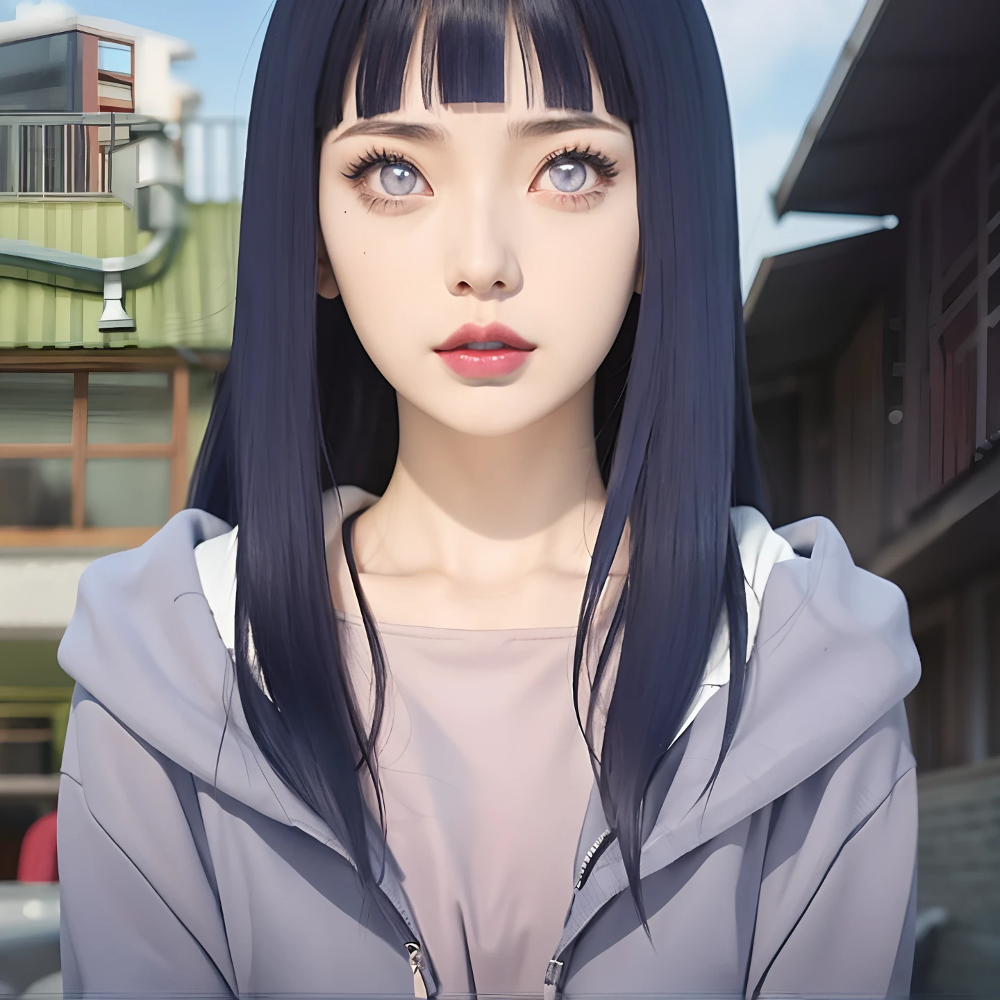a close up of a person with long hair and a hoodie, hinata hyuga, hinata hyuga from naruto, from naruto, as an anime character, perfect anime face, she has dark blue hair with bangs, female anime character, anime character, anime best girl, hime cut hairstyle, dark blue hair, (red glossy lips:1.3), light purple eyes, big breasts, realistic, ultra detail, indoor background