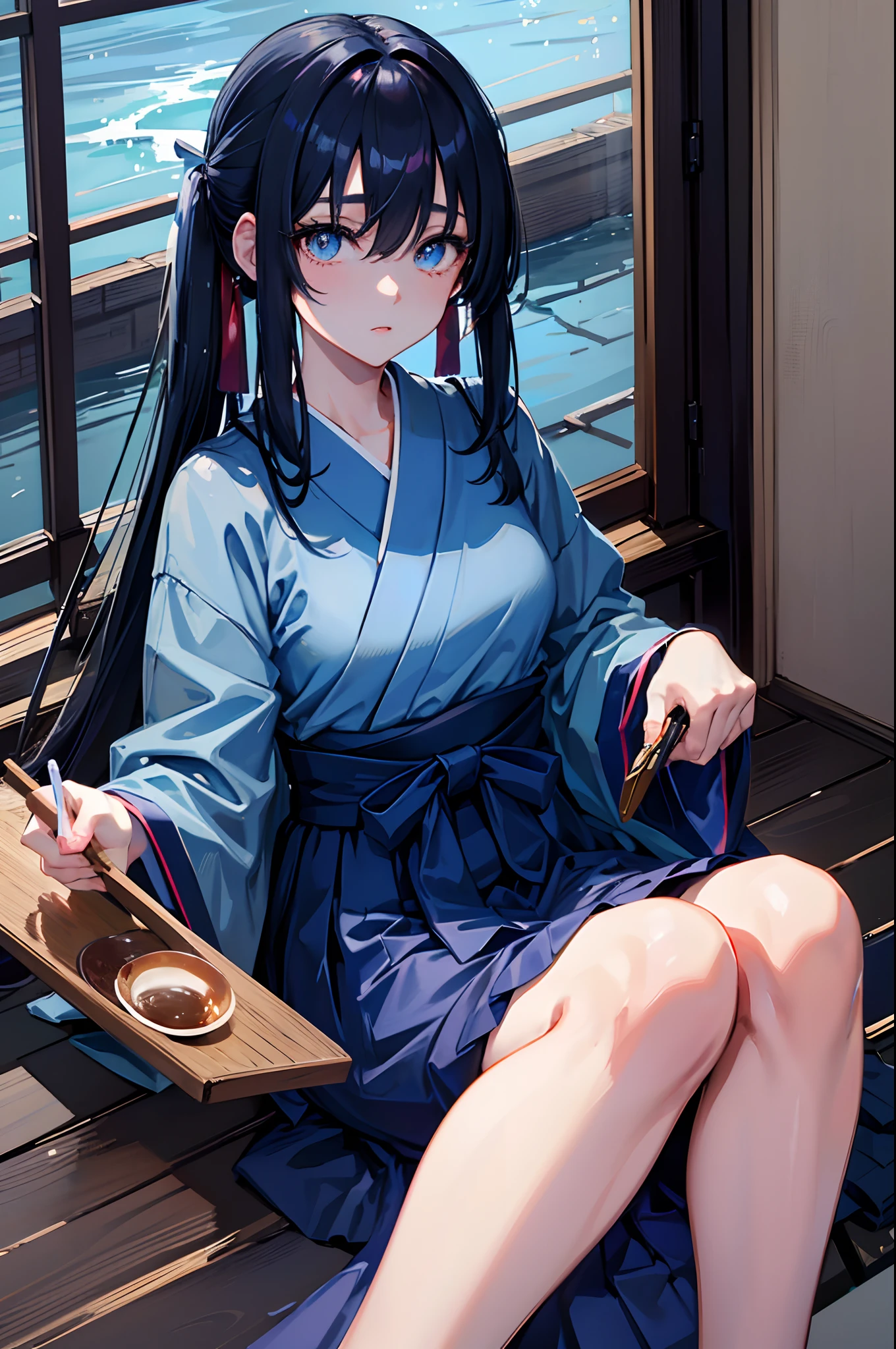 A dark-haired　blue eyess　length hair　teens girl　Hakama　poneyTail　Drinking tea at the Japan's house　​masterpiece　Top image quality　Clear　anime colours　cinematic shadow　Increased attractiveness of the eyes　Clear the shine of the eyes　Draw eyelashes neatly　Perfect Eye　A detailed eye　Sharpen image quality　Sharpen eye writing　Clear eye shape