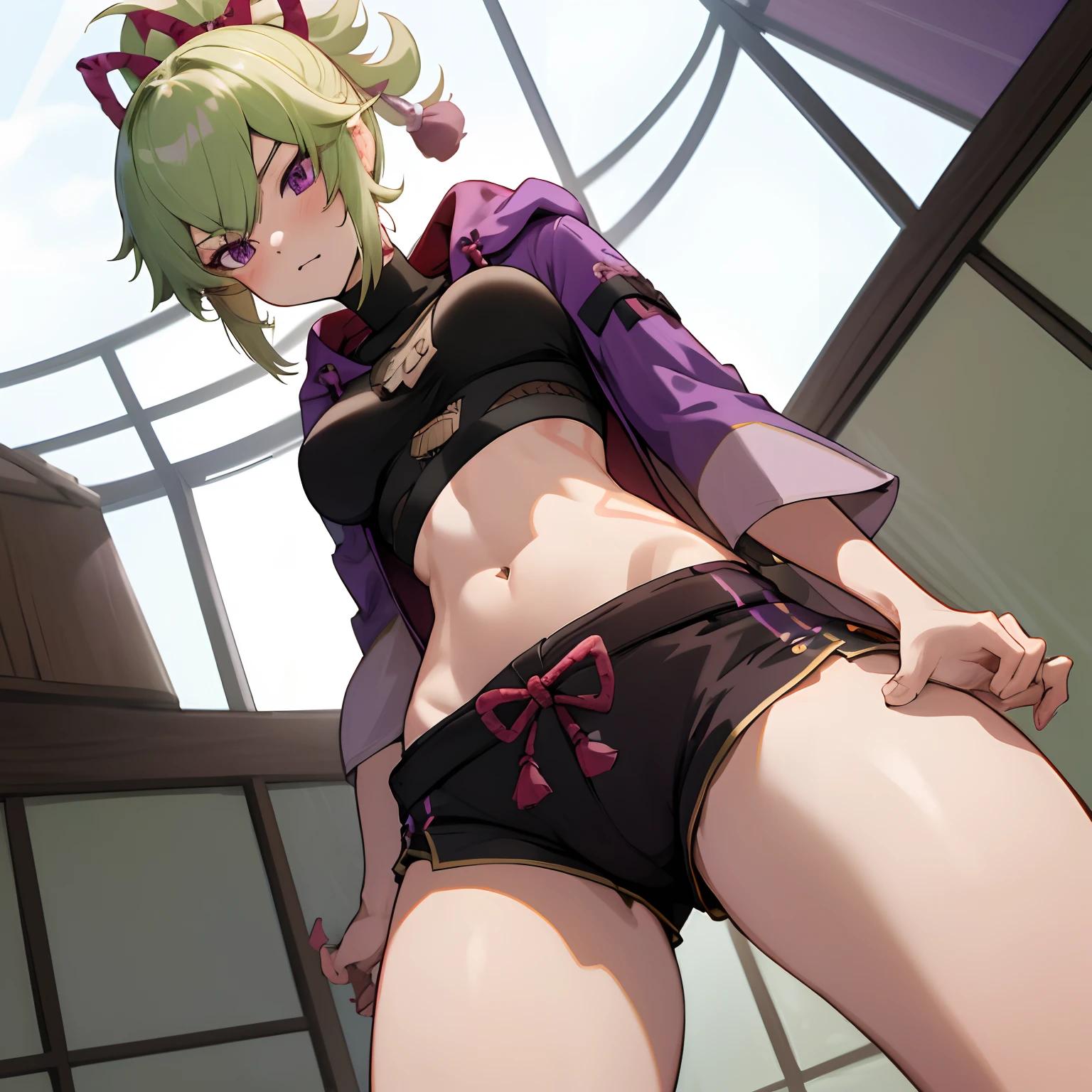 Kuki shinobu, Masterpiece, perfect face, best quality, highest quality, perfect face, beautiful girl, kuki genshin impact, giantess woman , light green hair, sporty, fit, low angle, purple eyes, looking down at viewer, giantess, anime giantess, hot, sexy, beautiful girl, leaning down, large breasts, bulging chest, flushed, embarrassed, giantess, long legs, growing, outdoors, sky in background, chest growth, low angle, tight shorts, thighs bulging, very low angle, growing larger, giantess growth, cowboy shot, leaning down, leaning towards viewer, growing larger, growth, wide hips, thick thighs, meaty thighs, embarrassment, flushed face, kuki shinobu, detailed outfit, soft lighting, sharp eyes, high ponytail, toned stomach, 4K, short black shorts, gold on shorts, pink bow on shorts, turtleneck crop top, mesh section on crop top, large ribbon in ponytail, indoors, wearing jacket, crop jacket, dark purple crop jacket, hood on jacket, Japanese decorations on clothing, ninja, inside japanese room, giantess indoors, viewed from below, low angle drawing, low angle shot, short shorts, lightly muscled, red hip line tattoos, facing camera, surprised, red eyeliner