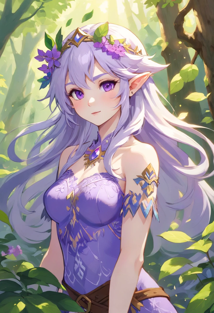 Dryad, pale skin, covered in light violet leaves and bark, feathery white hair, violet feathers, masterpiece, best quality