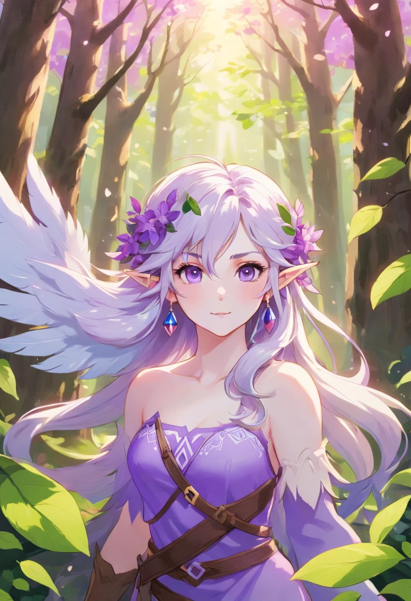 Dryad, pale skin, covered in light violet leaves and bark, feathery white hair, violet feathers, masterpiece, best quality