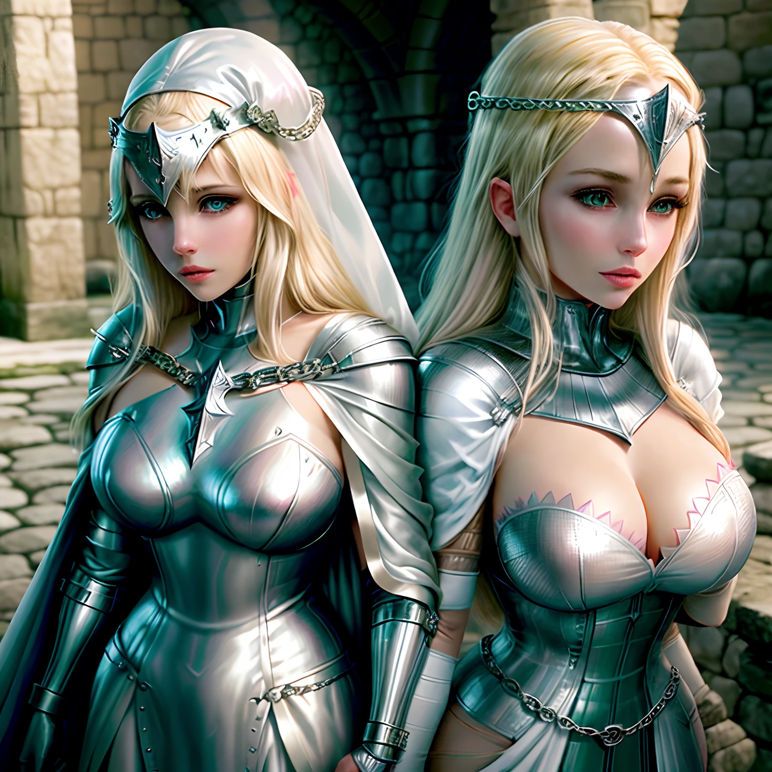 a woman wearing white robe with chain mail armor, blonde hair with pink highlights, green eyes, cleric, DnD, realistic