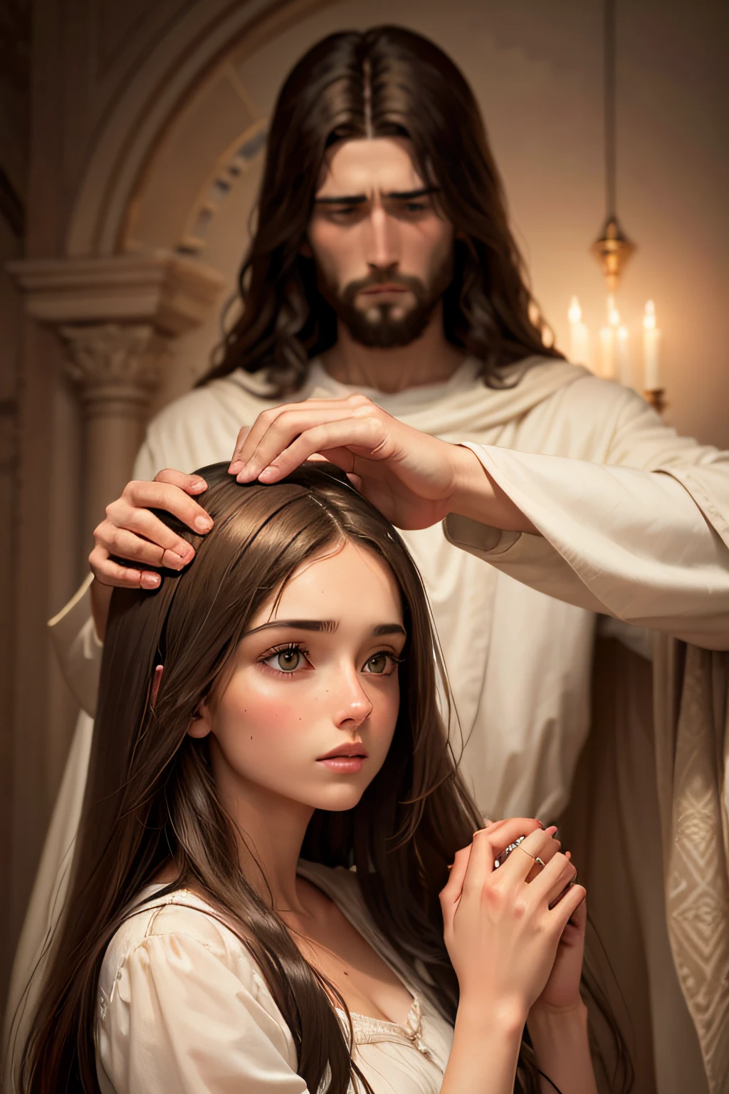 Jesus Christ lays his hand on the head of the clothed brunette woman