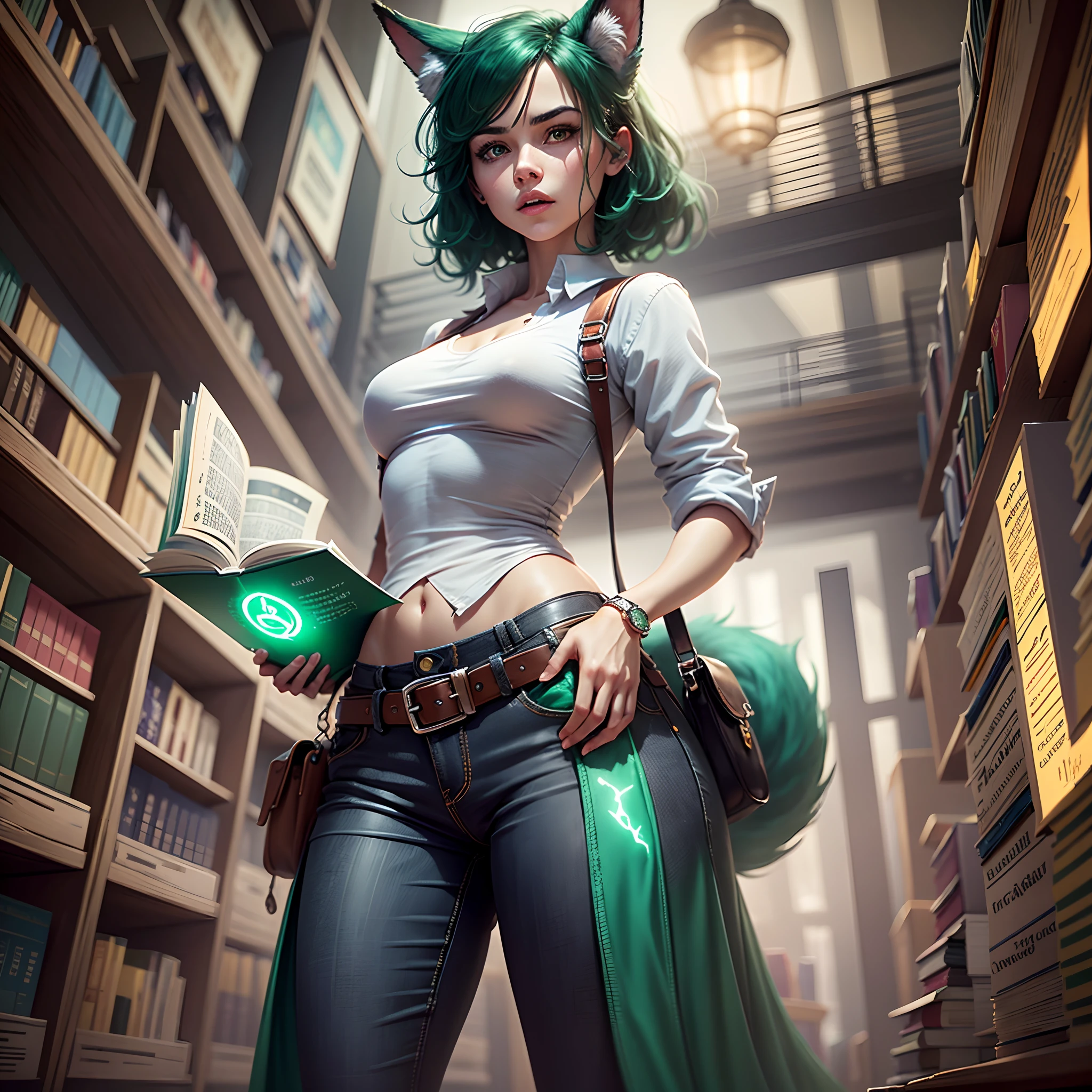 1 female, reading book, short emerald hair, green glowing eyes, green fox ears, no tail, high quality, books, library, butterflies, cinematic radius, realistic digital art illustration poster film portrait, epic lighting, cinematic lighting, high res, (detailed image:1), insane details, smooth, hyper realistic, (highly detailed: 1.2), masterpiece, 8k uhd, digital art style, full body shot, pants, small shirt, medium breast,