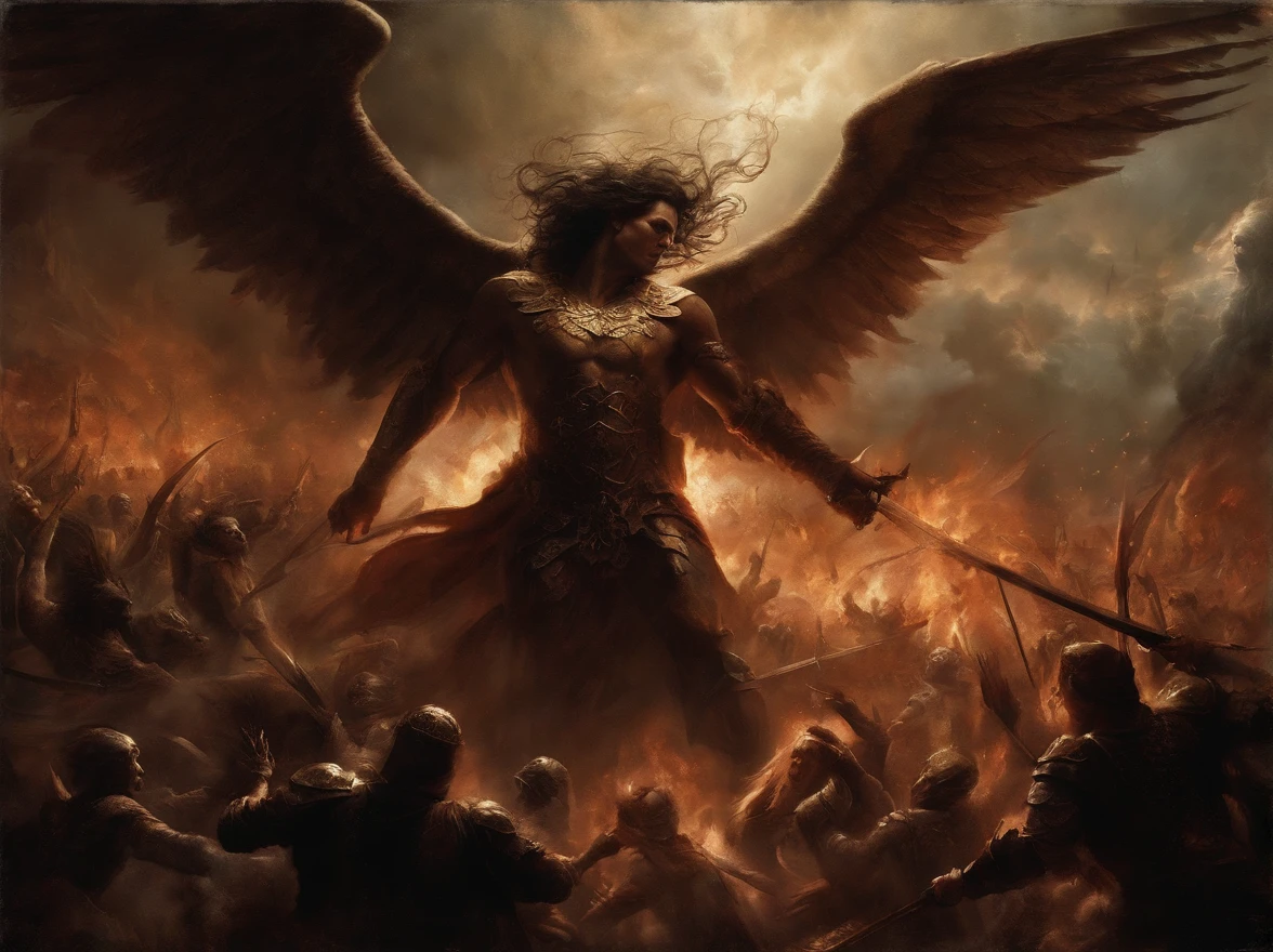 It composes a nightmarish battlefield where angels and demons engage in a fierce and apocalyptic battle. Convey the chaos and brutality of this celestial clash in vivid and disturbing detail. It shows angels radiating a sky, Ethereal light as they fiercely fight the menacing, demonios grotescos. The atmosphere must be permeated with fear and dread., as the two opposing forces engage in a battle that blurs the lines between salvation and damnation.. Bring out the horror in this epic showdown, making it a truly haunting and unforgettable spectacle