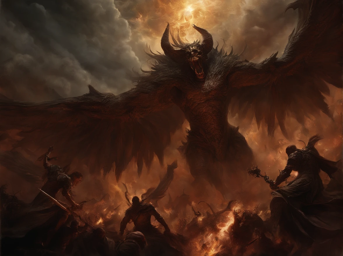 It composes a nightmarish battlefield where angels and demons engage in a fierce and apocalyptic battle. Convey the chaos and brutality of this celestial clash in vivid and disturbing detail. It shows angels radiating a sky, Ethereal light as they fiercely fight the menacing, demonios grotescos. The atmosphere must be permeated with fear and dread., as the two opposing forces engage in a battle that blurs the lines between salvation and damnation.. Bring out the horror in this epic showdown, making it a truly haunting and unforgettable spectacle