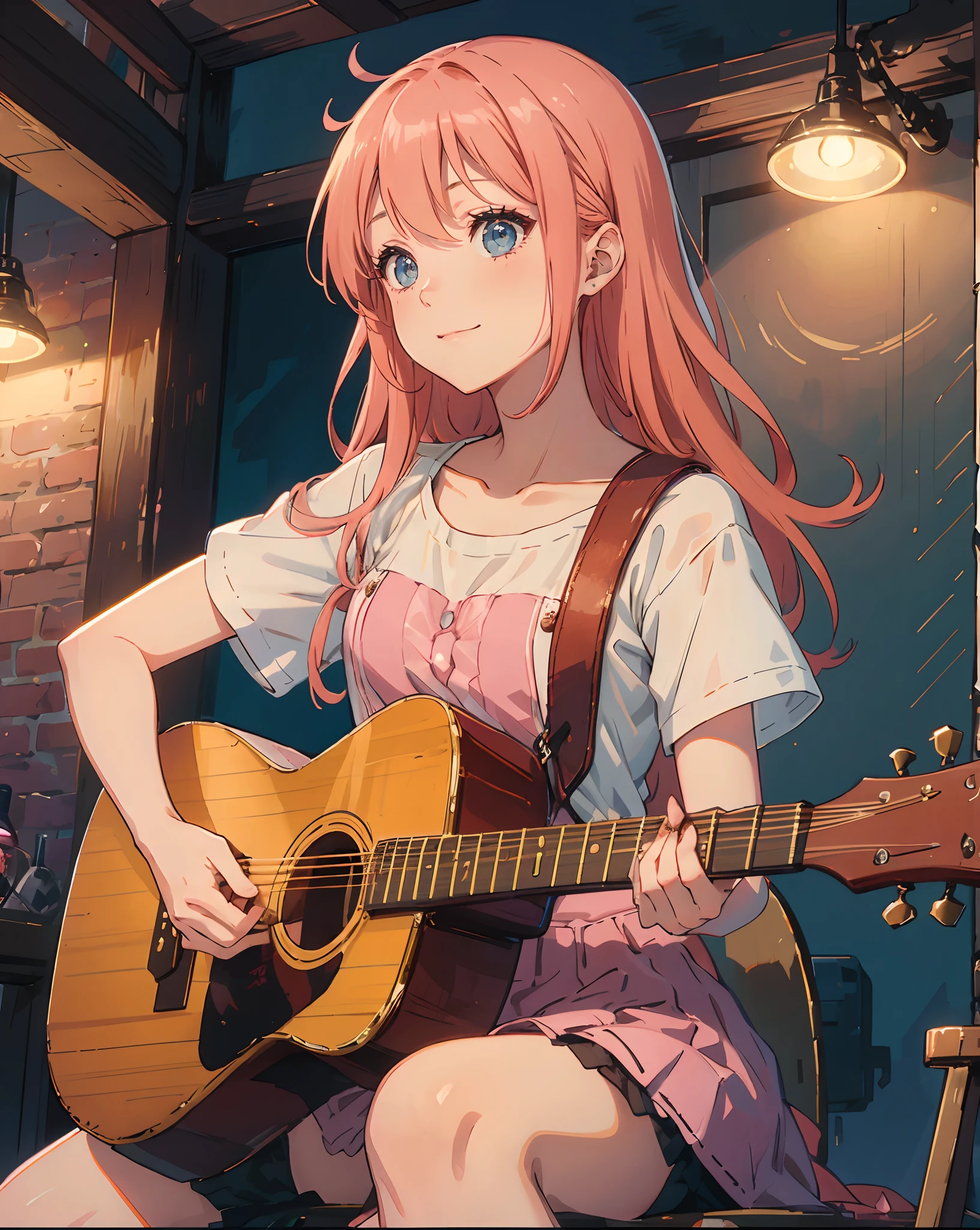 A young girl with long orange-pink hair and blue eyes playing an acoustic guitar. She is singing and she is happy.