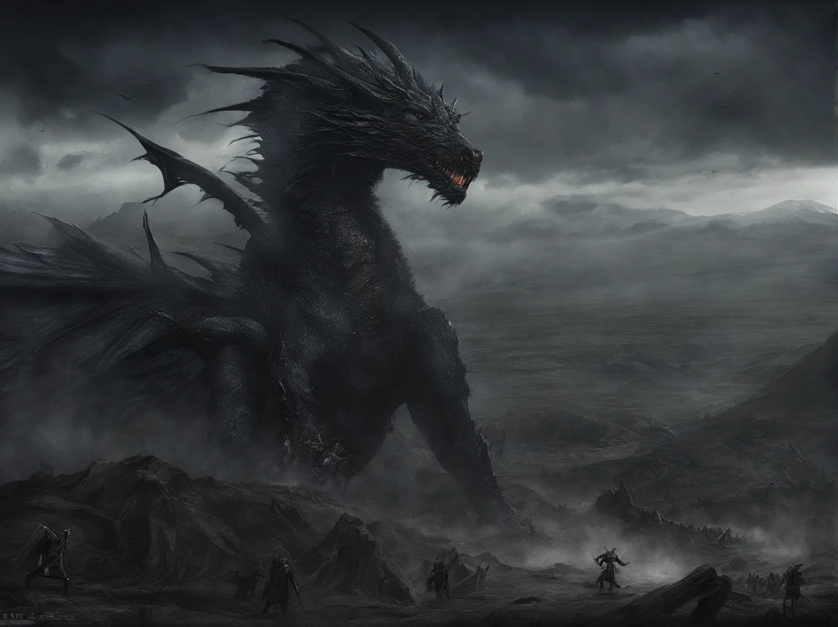 /Imagine Prompt: Epic fantasy battles across vast open plains, Armies of mythical creatures and warriors face each other, wielding fantastic weapons, Una tormenta que se avecina en el cielo oscuro, Un rayo cae al suelo, Fly over the dragon above, Greatness and heroism in the midst of chaos, Ilustraciones de un, Mixtas, Combina la pintura digital con la pintura tradicional,Para acciones, Dynamic and detailed, --ar 16:9 --V 5