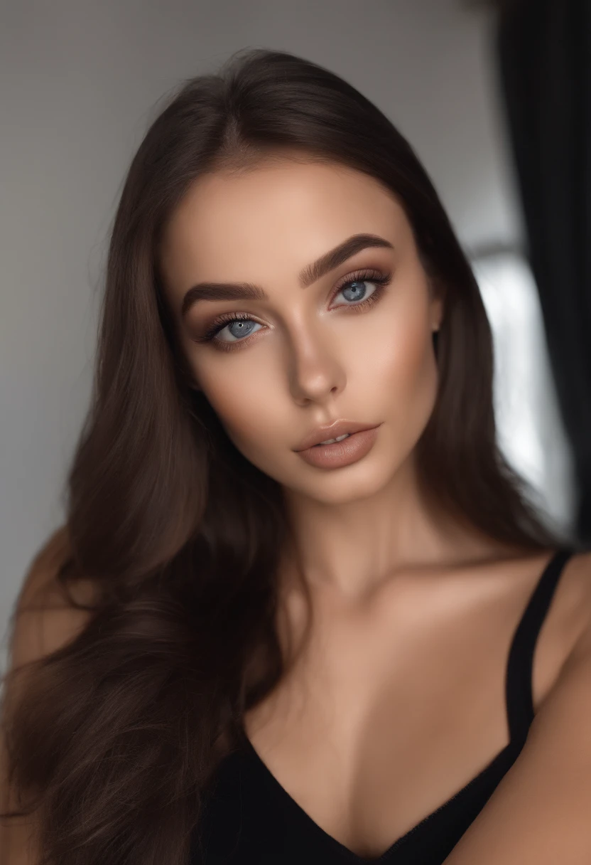 arafed woman with black clothes, sexy girl with brown eyes, portrait sophie mudd, brown hair and large eyes, selfie of a young woman, bedroom eyes, violet myers, without makeup, natural makeup, looking directly at the camera, face with artgram, subtle makeup, stunning full body shot, in bedroom, cleavage