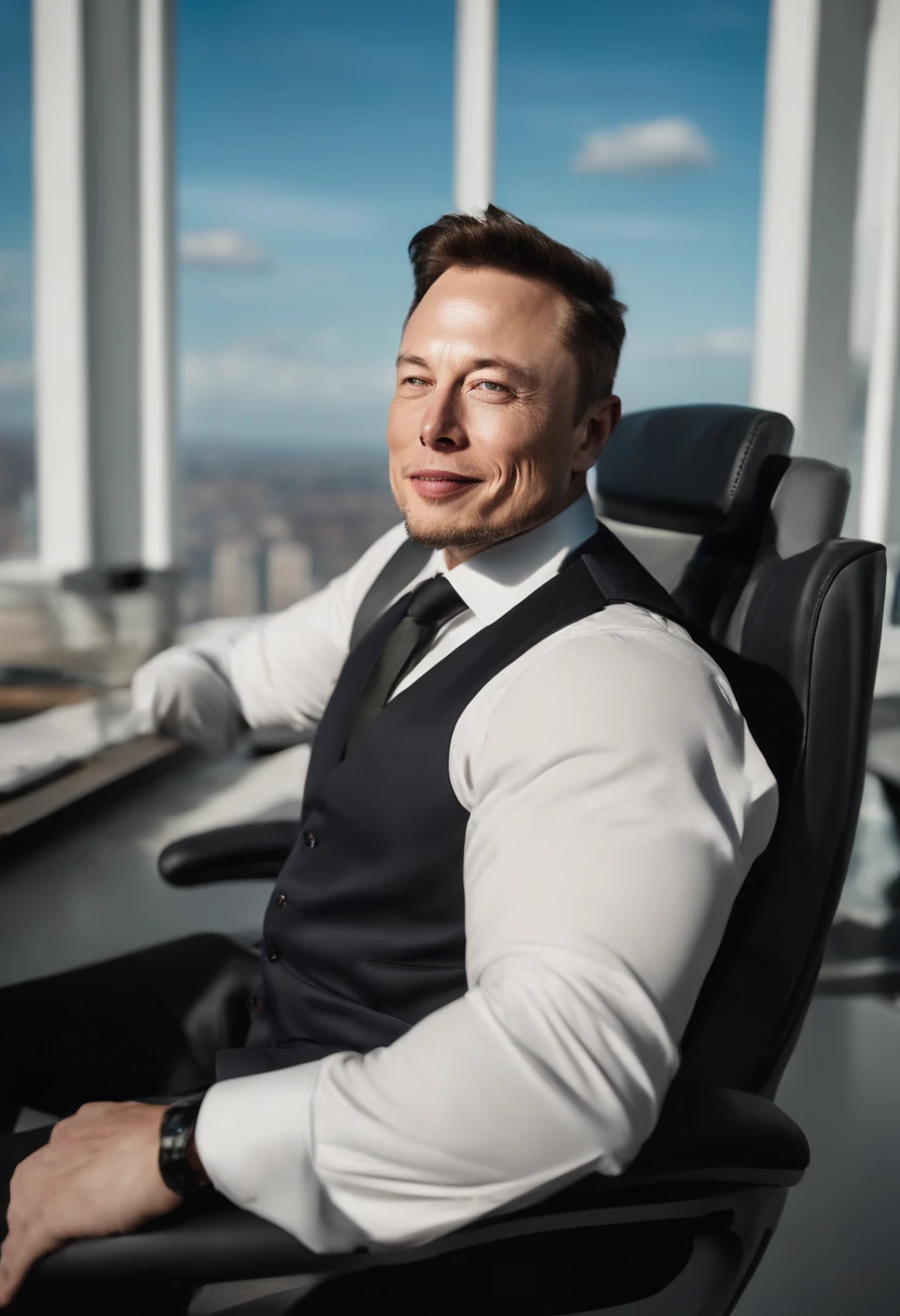 Completely realistic, FULL HD, Elon Musk, facing the camera, smiling, fit, sitting on a chair, behind the desk, on the desk, a mobile phone, in an office, upper floors of the tower, from tall windows, blue sky And white clouds and tall buildings are seen - cinematic, great lighting, harmonious coloring and bright colors.