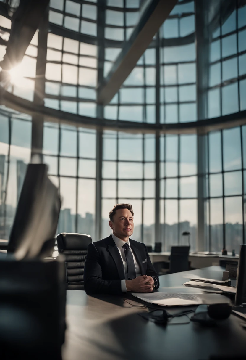 Completely realistic, FULL HD, Elon Musk, facing the camera, smiling, fit, sitting on a chair, behind the desk, on the desk, a mobile phone, in an office, upper floors of the tower, from tall windows, blue sky And white clouds and tall buildings are seen - cinematic, great lighting, harmonious coloring and bright colors.